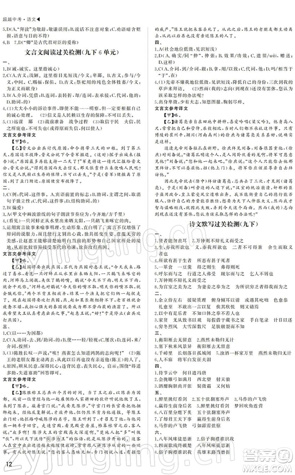 內(nèi)蒙古大學(xué)出版社2022超越中考九年級(jí)語(yǔ)文下冊(cè)人教版答案