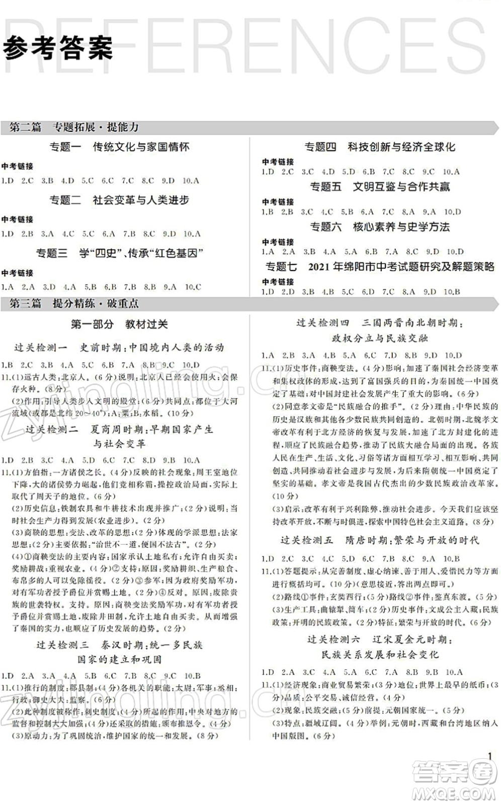 內(nèi)蒙古大學(xué)出版社2022超越中考九年級歷史下冊人教版綿陽專版答案