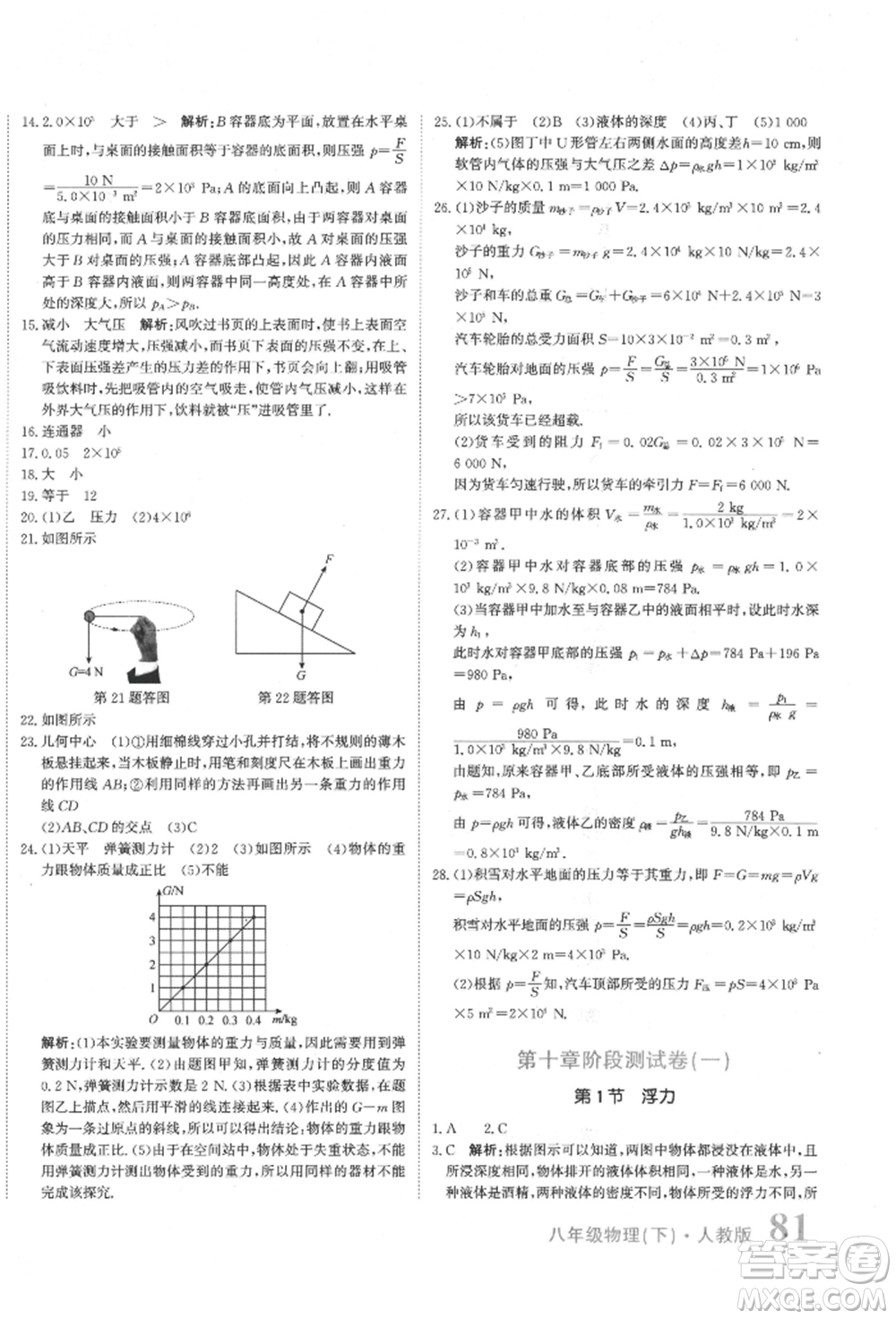 北京教育出版社2022提分教練優(yōu)學(xué)導(dǎo)練測試卷八年級(jí)下冊物理人教版參考答案
