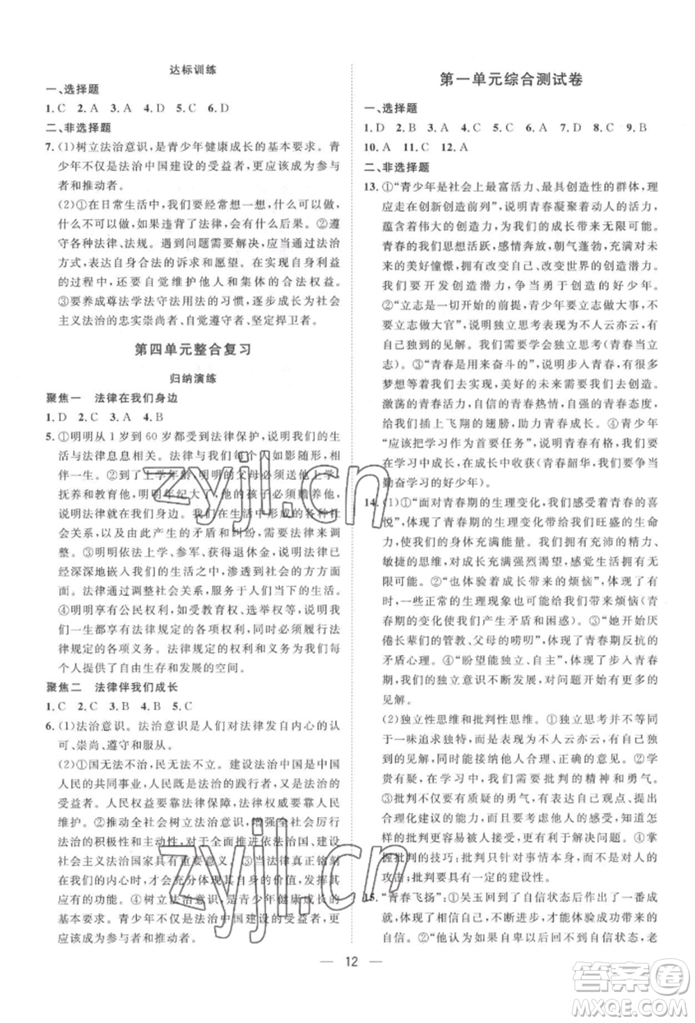 南方出版社2022名師課堂七年級(jí)下冊(cè)道德與法治人教版參考答案