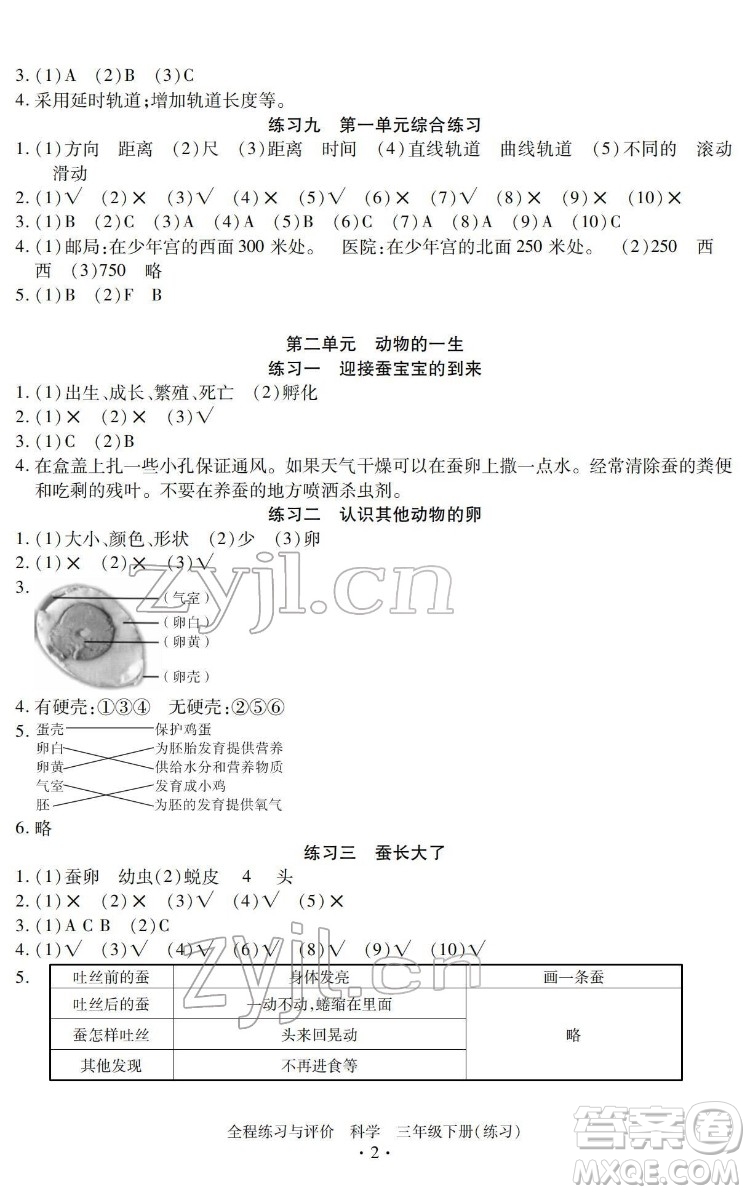浙江人民出版社2022全程練習(xí)與評價(jià)三年級下冊科學(xué)教科版答案