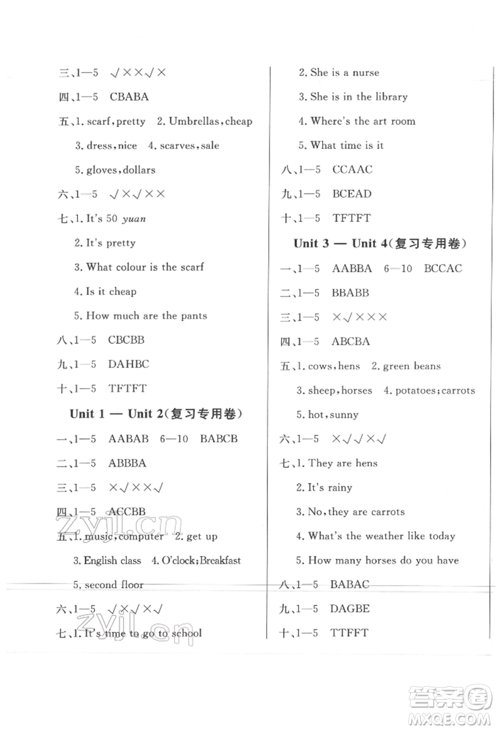 西安出版社2022狀元坊全程突破導(dǎo)練測(cè)四年級(jí)下冊(cè)英語人教版東莞專版參考答案