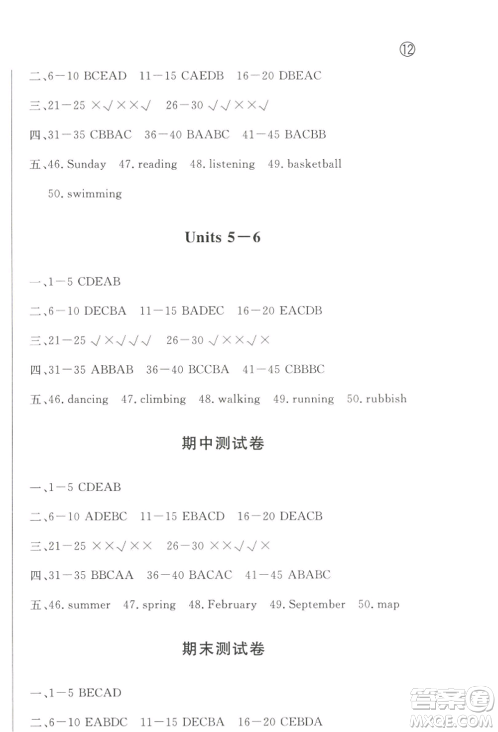 西安出版社2022狀元坊全程突破導(dǎo)練測五年級下冊英語人教版順德專版參考答案