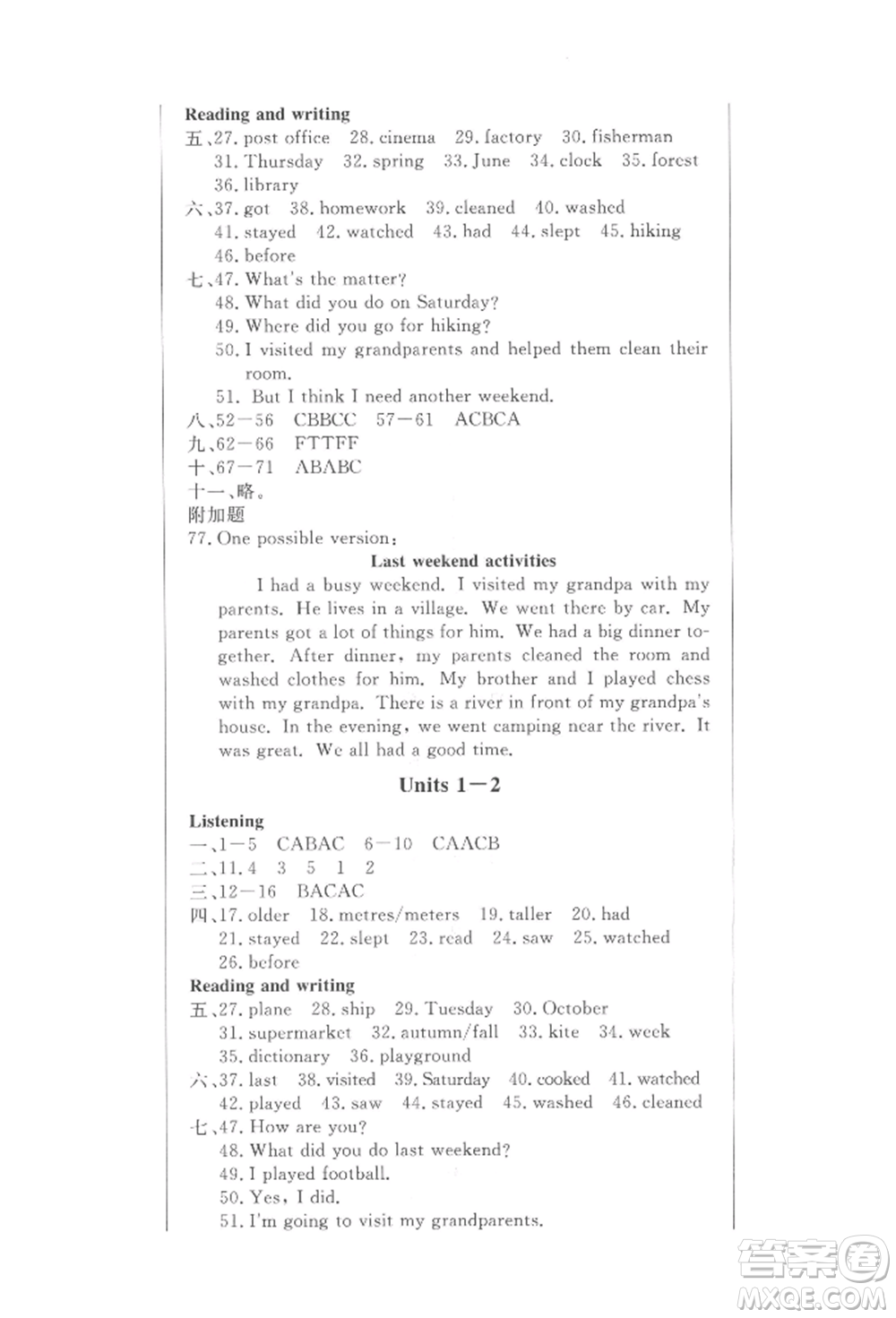 西安出版社2022狀元坊全程突破導(dǎo)練測(cè)六年級(jí)下冊(cè)英語人教版佛山專版參考答案