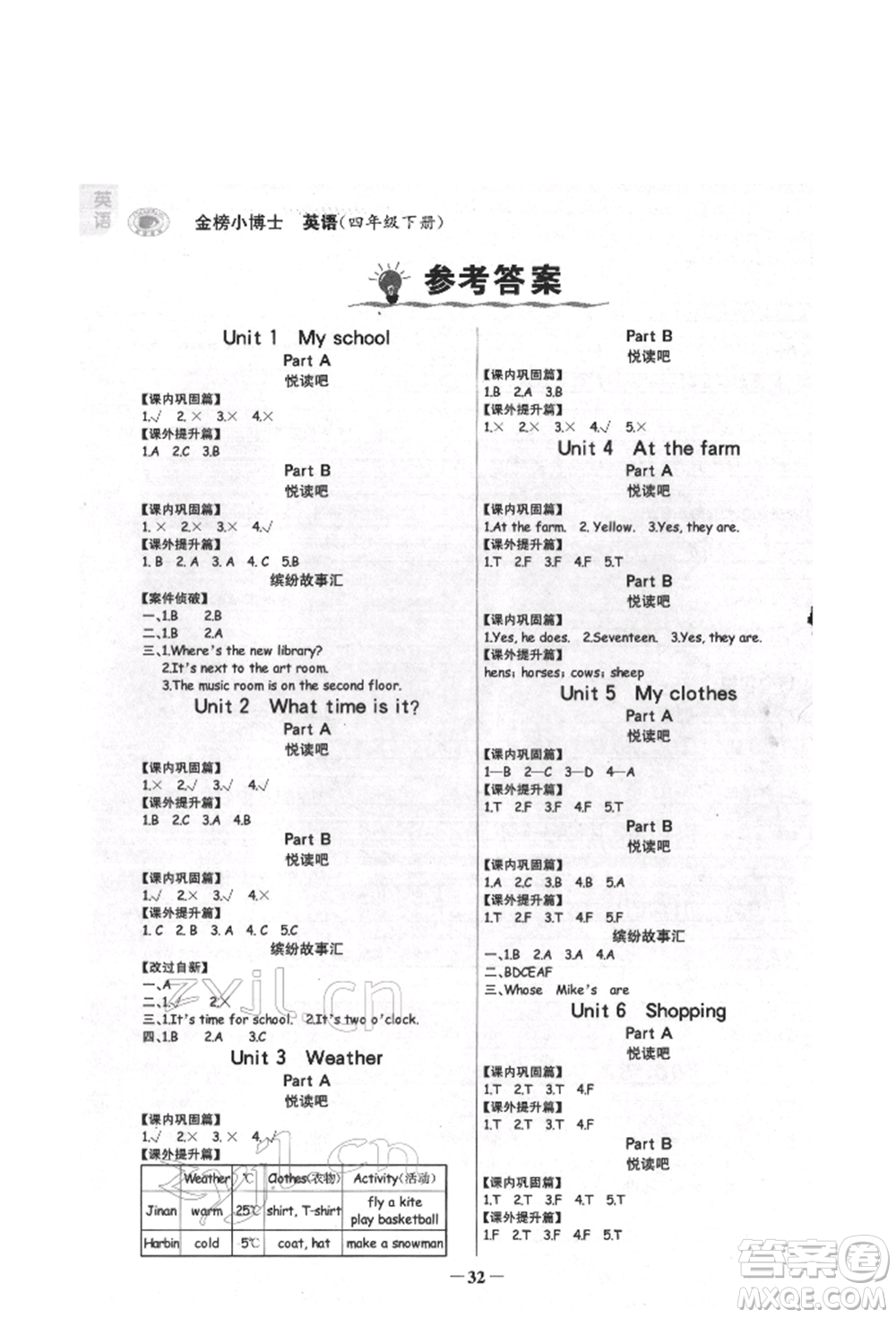 延邊大學出版社2022世紀金榜金榜小博士課時提優(yōu)作業(yè)四年級下冊英語人教版參考答案