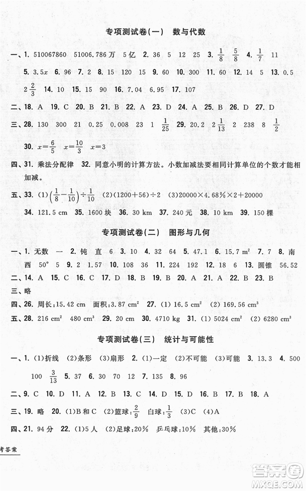 浙江工商大學(xué)出版社2022一卷一練單元同步測試卷六年級數(shù)學(xué)下冊R人教版答案