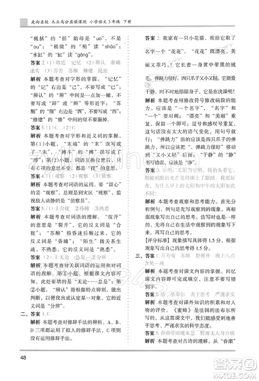 湖南師范大學出版社2022木頭馬分層課課練三年級下冊語文人教版浙江專版參考答案