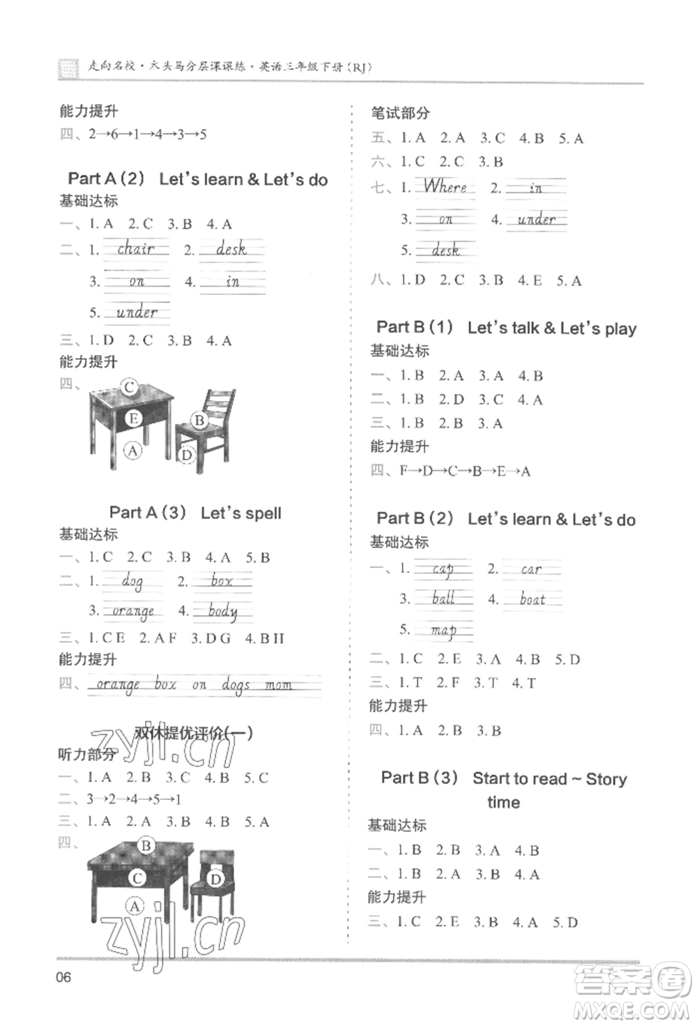 湖南師范大學(xué)出版社2022木頭馬分層課課練三年級(jí)下冊(cè)英語(yǔ)人教版參考答案