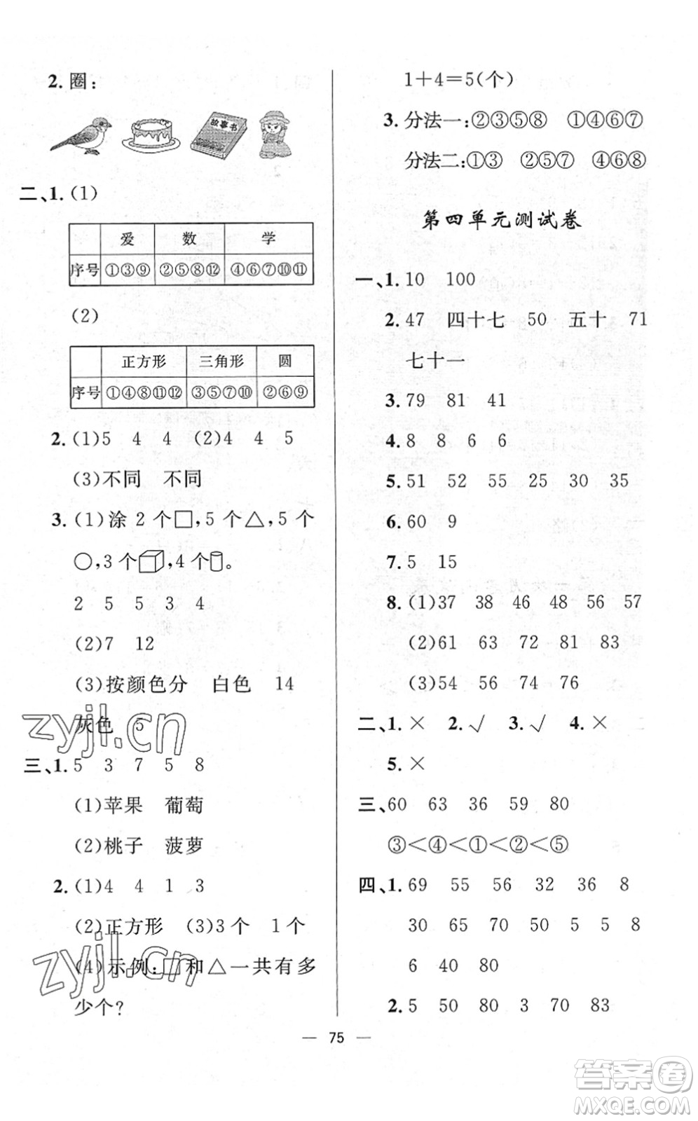 山東畫報(bào)出版社2022一課三練單元測(cè)試一年級(jí)數(shù)學(xué)下冊(cè)RJ人教版答案
