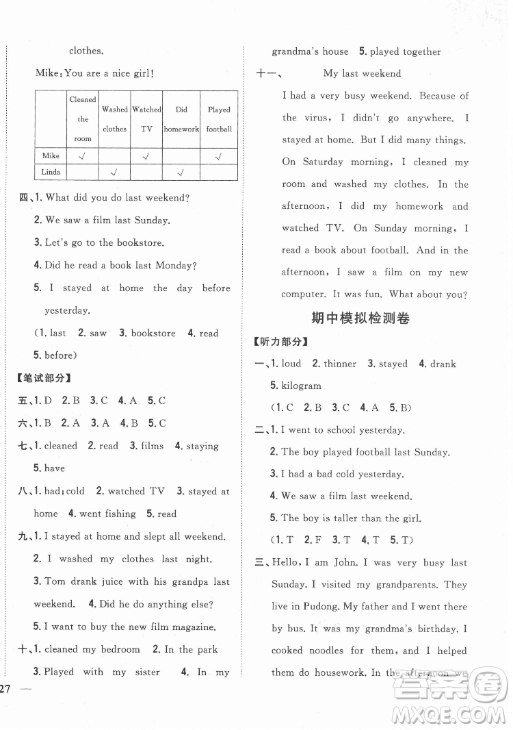 吉林人民出版社2022全科王同步課時(shí)練習(xí)英語六年級(jí)下冊人教版答案