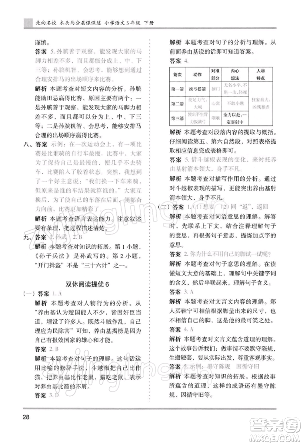 湖南師范大學(xué)出版社2022木頭馬分層課課練五年級下冊語文人教版浙江專版參考答案