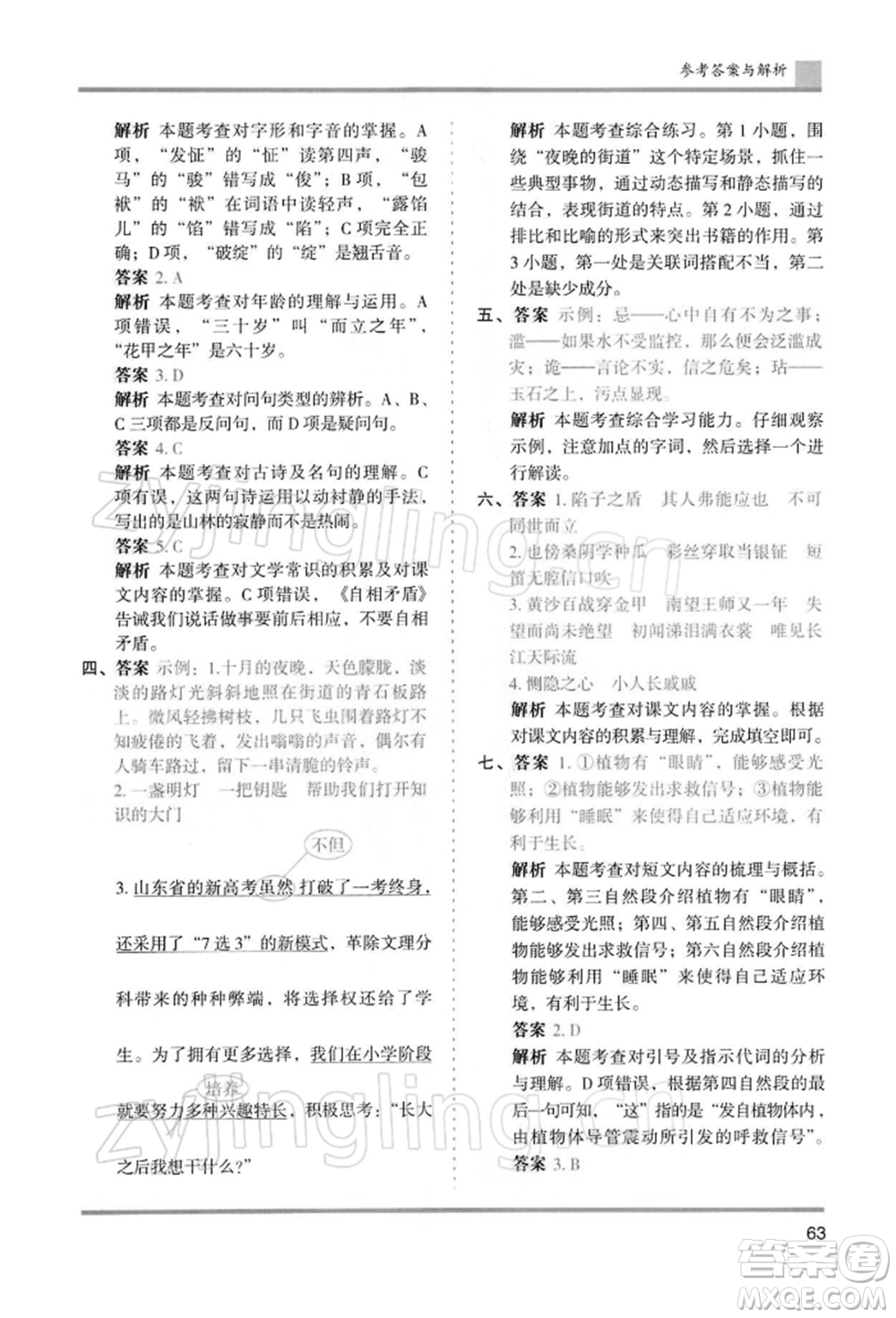 湖南師范大學(xué)出版社2022木頭馬分層課課練五年級下冊語文人教版浙江專版參考答案