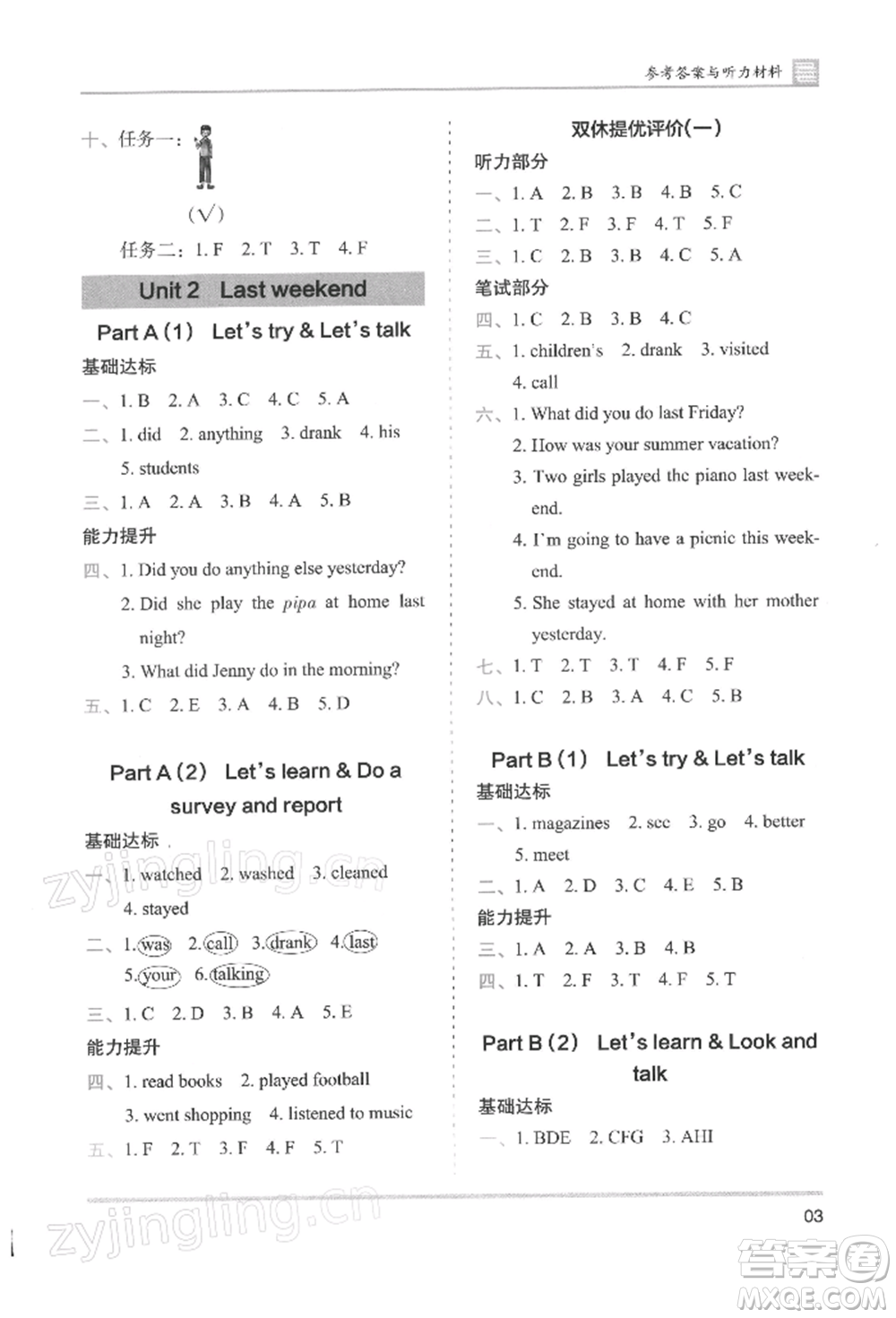 湖南師范大學(xué)出版社2022木頭馬分層課課練六年級(jí)下冊(cè)英語(yǔ)人教版參考答案