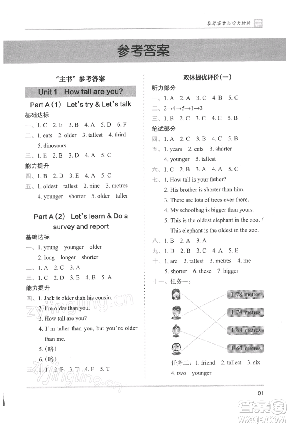 湖南師范大學(xué)出版社2022木頭馬分層課課練六年級(jí)下冊(cè)英語(yǔ)人教版參考答案