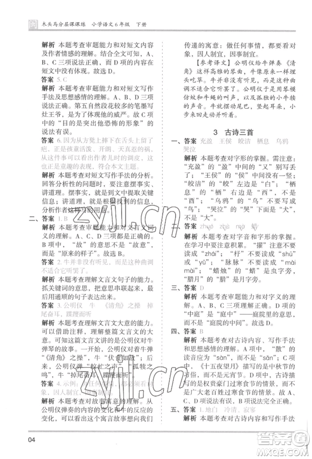 鷺江出版社2022木頭馬分層課課練六年級(jí)下冊(cè)語(yǔ)文人教版福建專版參考答案