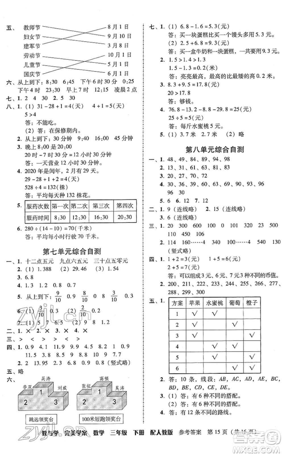 安徽人民出版社2022完美學(xué)案教與學(xué)三年級數(shù)學(xué)下冊人教版答案