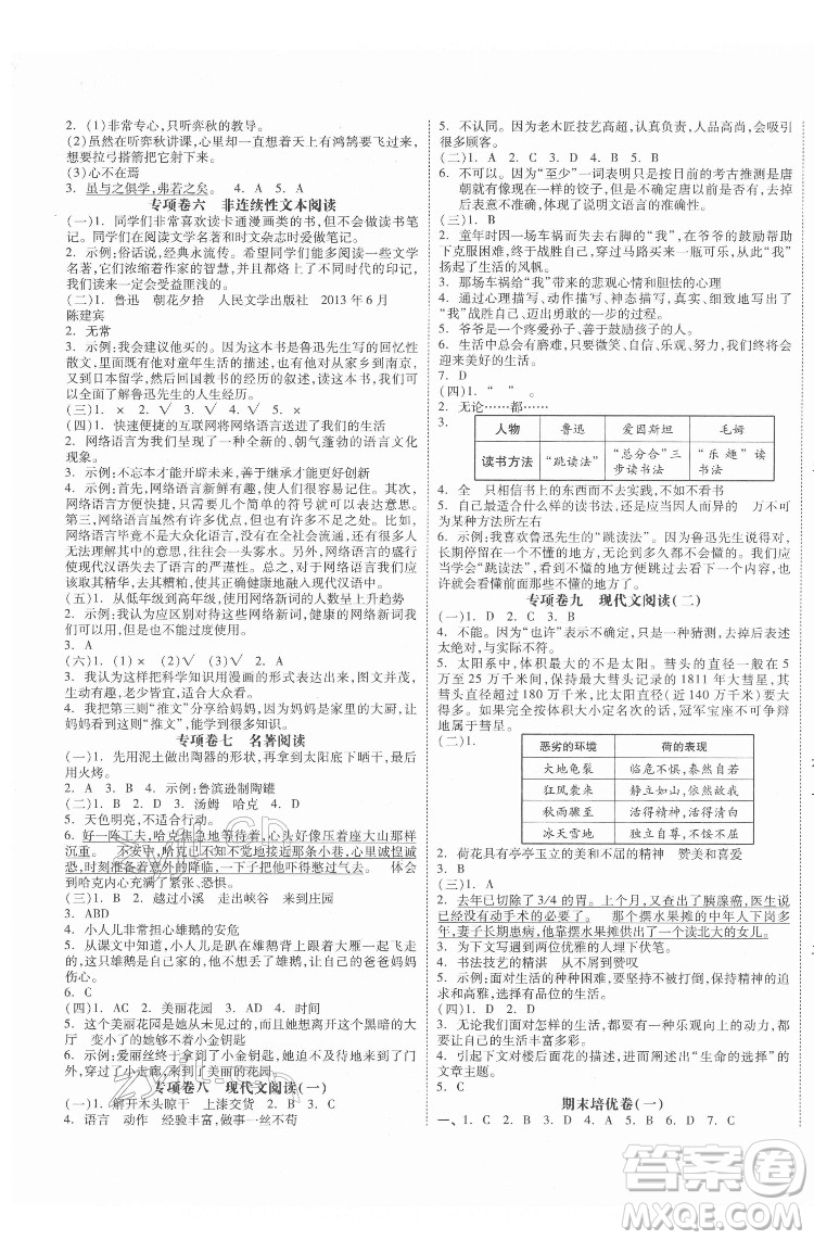 天津人民出版社2022全品小復(fù)習(xí)語文六年級(jí)下冊(cè)人教版江蘇專版答案