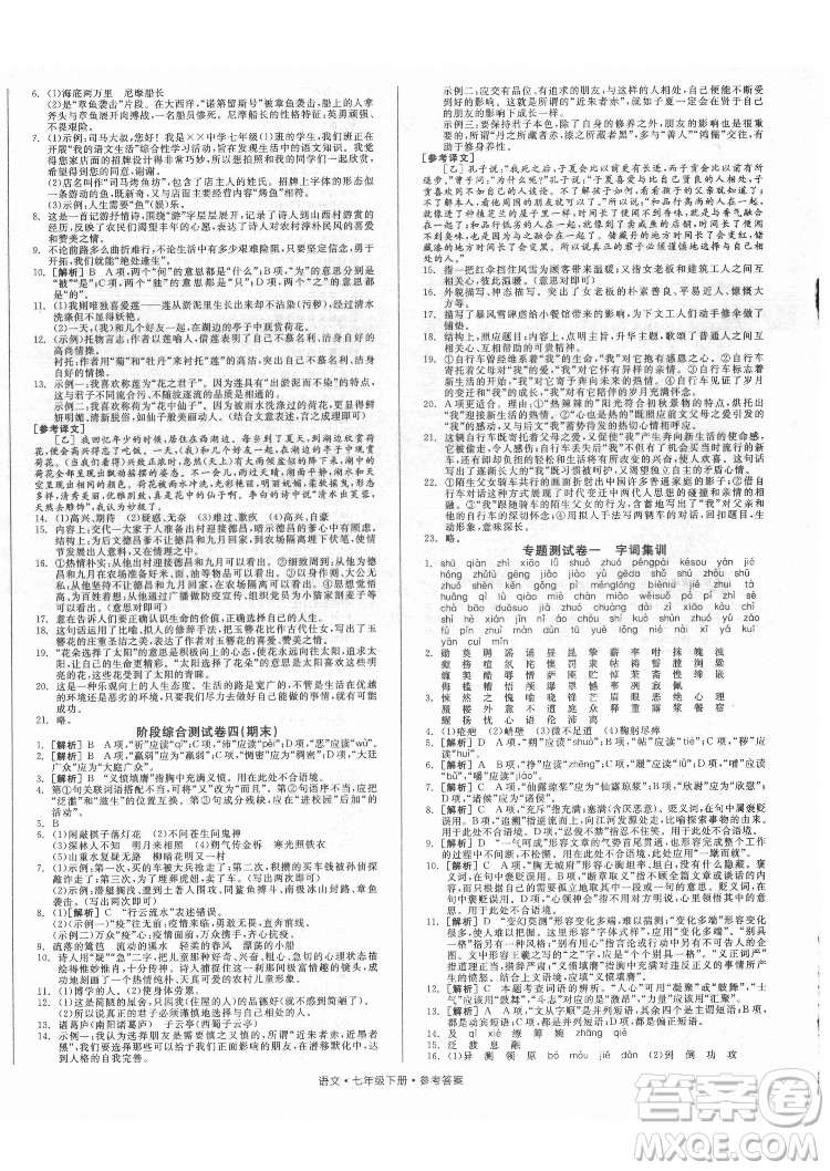 陽光出版社2022全品小復習七年級下冊語文人教版答案