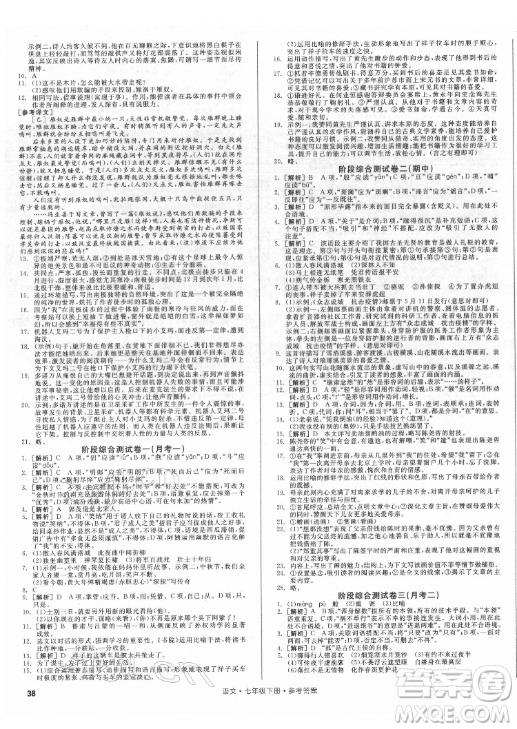 陽光出版社2022全品小復習七年級下冊語文人教版答案