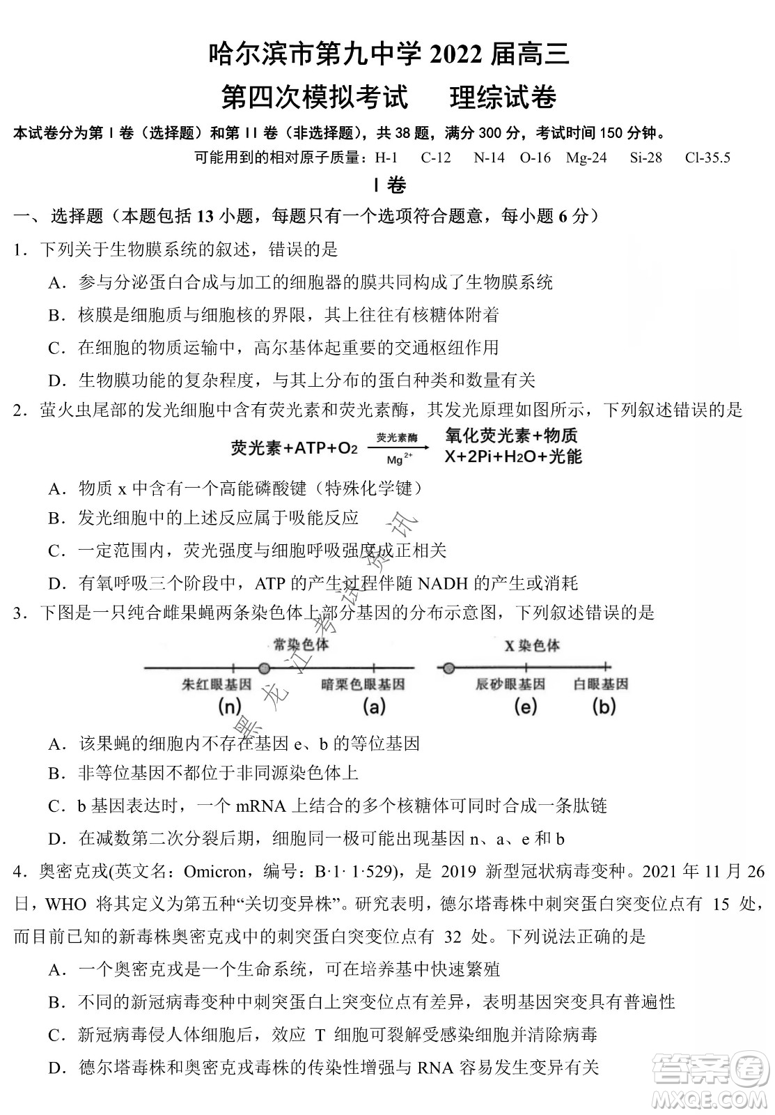 哈爾濱市第九中學2022屆高三第四次模擬考試理科綜合試卷及答案