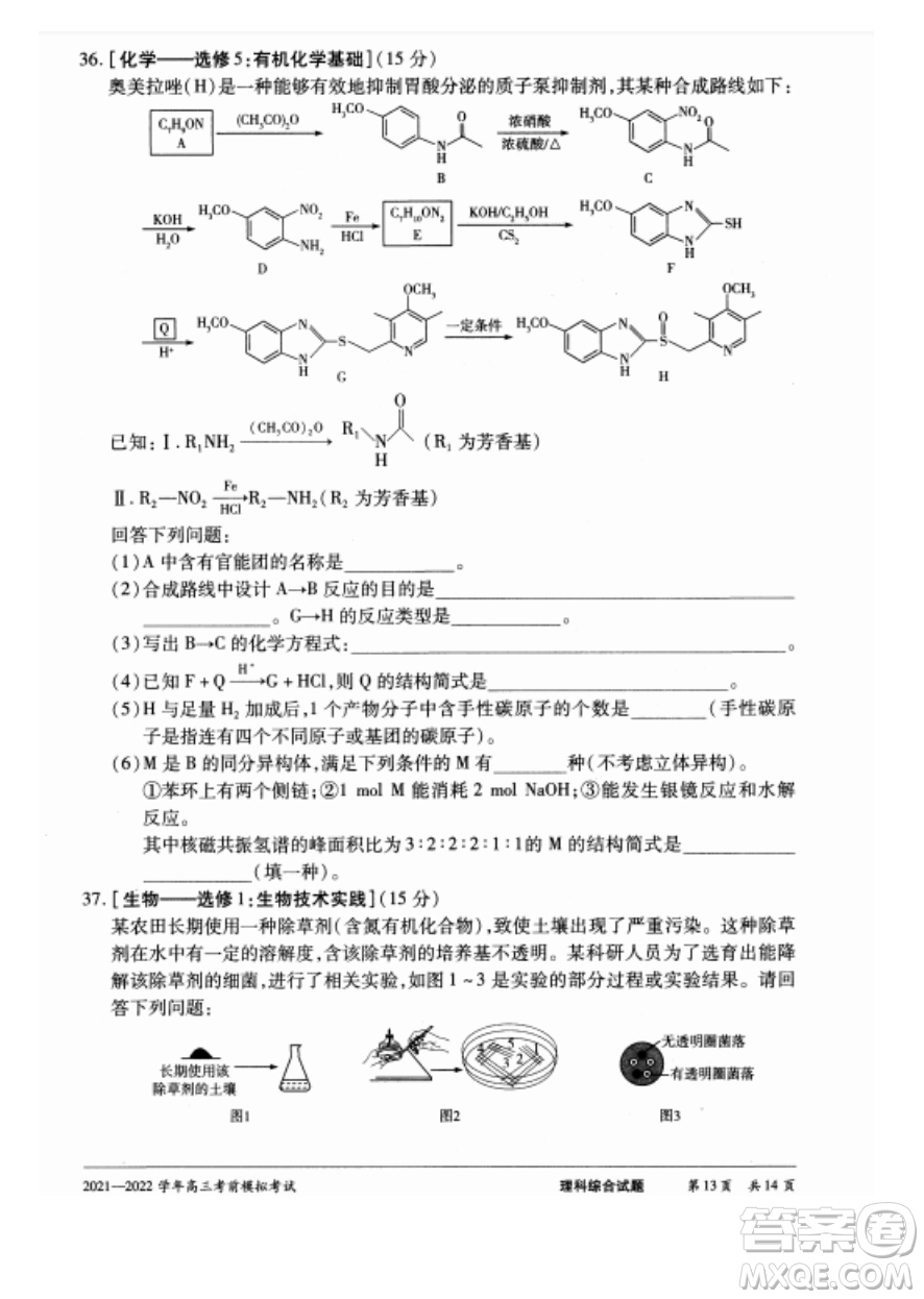 天一大聯(lián)考2021-2022學(xué)年高三考前模擬考試?yán)砜凭C合試題及答案