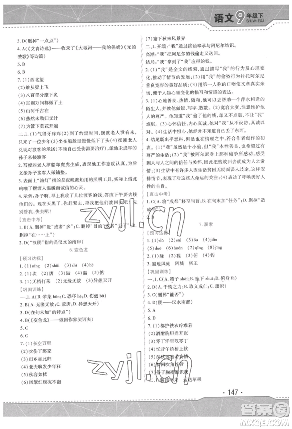 吉林出版集團股份有限公司2022精析巧練階段驗收與測試九年級下冊語文人教版參考答案