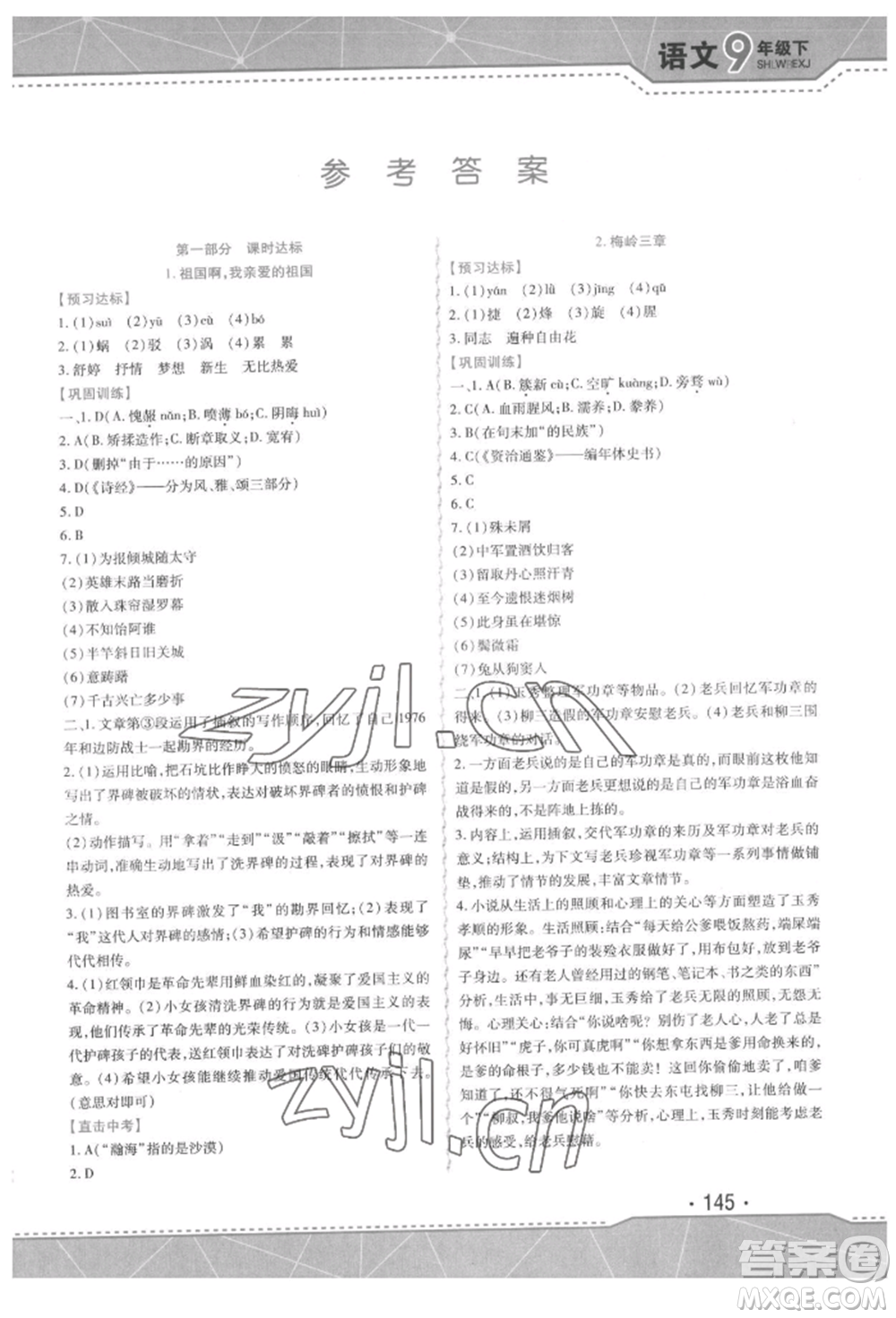 吉林出版集團股份有限公司2022精析巧練階段驗收與測試九年級下冊語文人教版參考答案