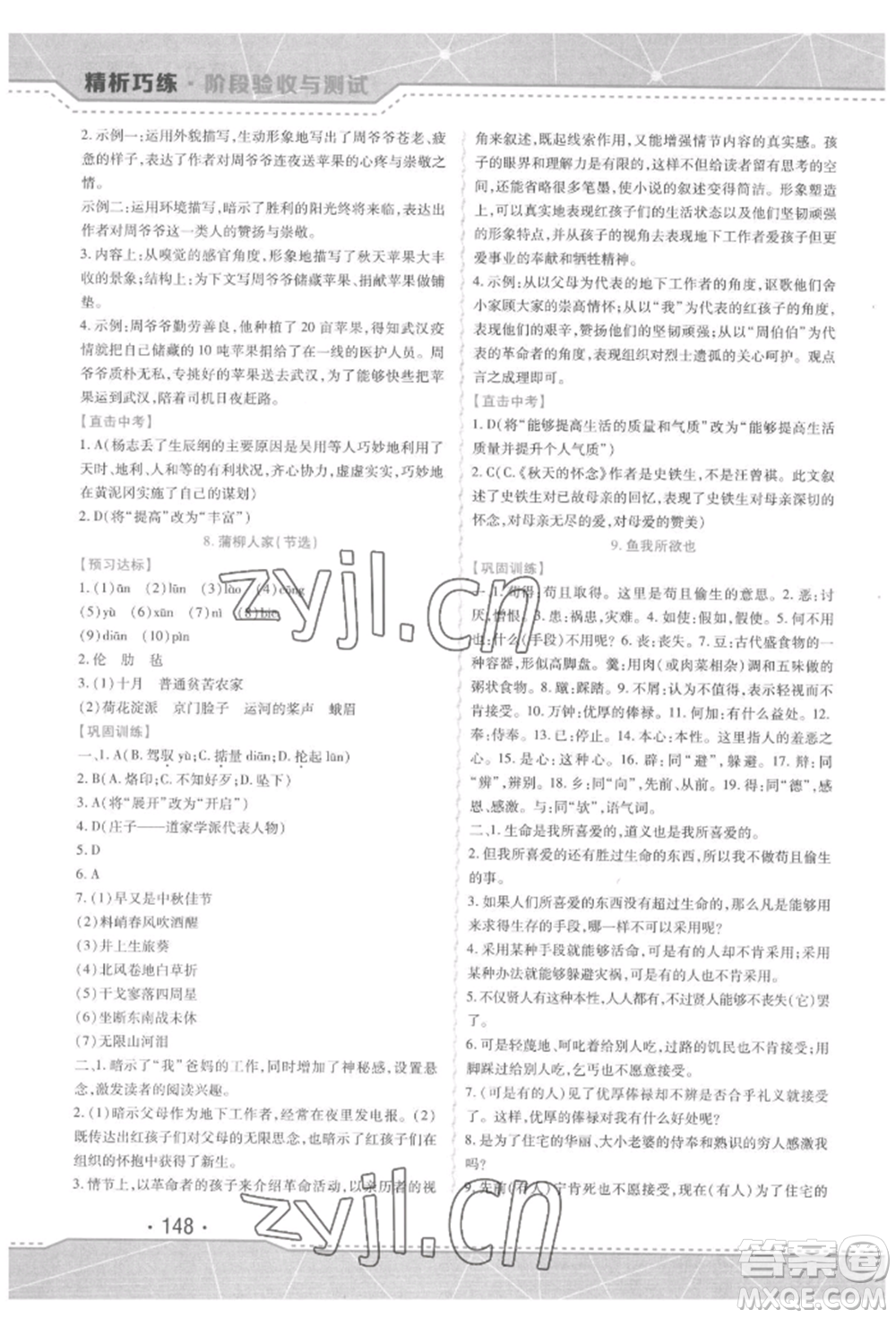 吉林出版集團股份有限公司2022精析巧練階段驗收與測試九年級下冊語文人教版參考答案