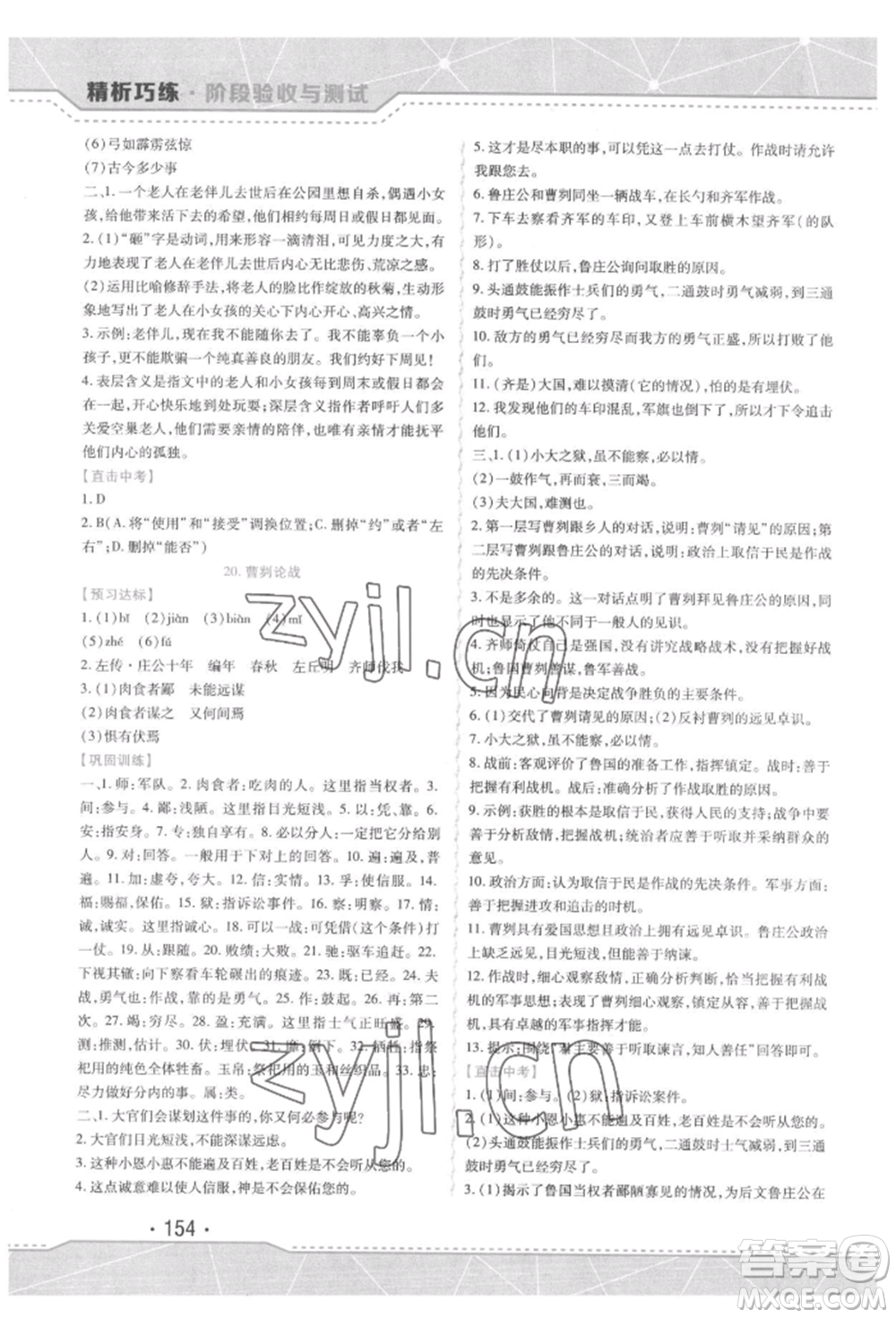 吉林出版集團股份有限公司2022精析巧練階段驗收與測試九年級下冊語文人教版參考答案