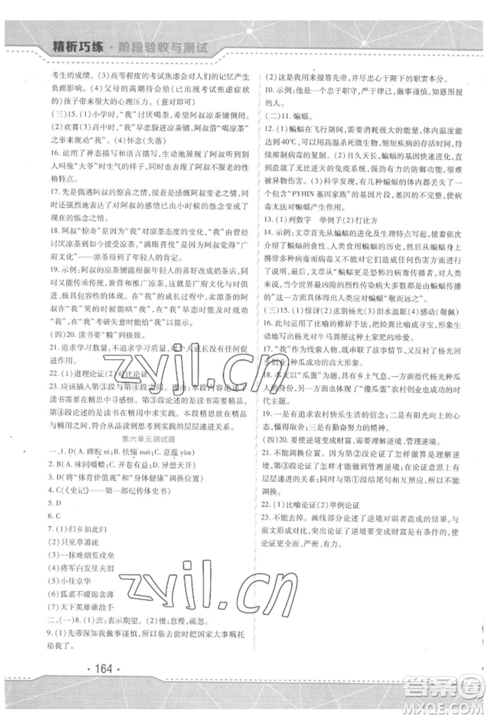 吉林出版集團股份有限公司2022精析巧練階段驗收與測試九年級下冊語文人教版參考答案