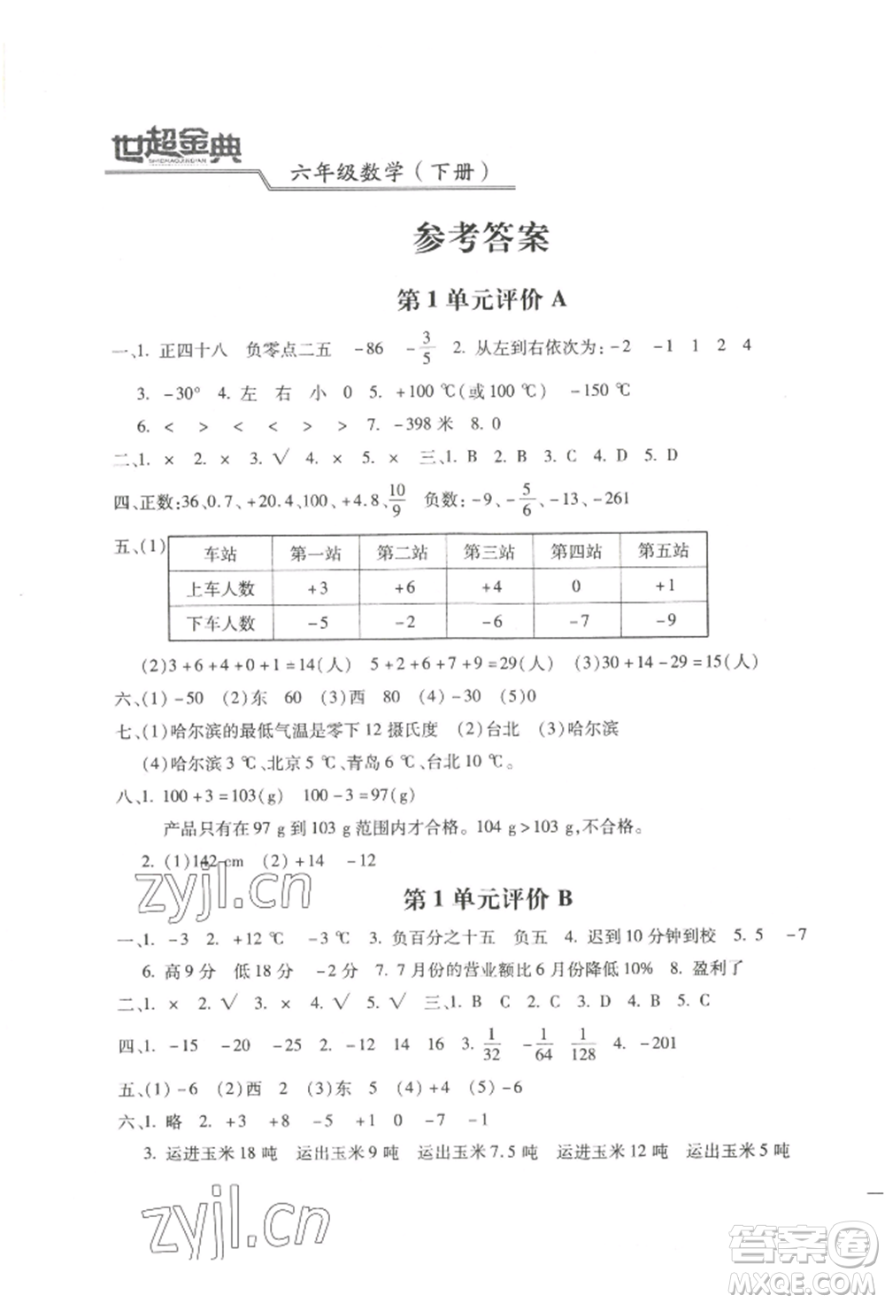 河北少年兒童出版社2022世超金典三維達(dá)標(biāo)自測(cè)卷六年級(jí)下冊(cè)數(shù)學(xué)人教版參考答案