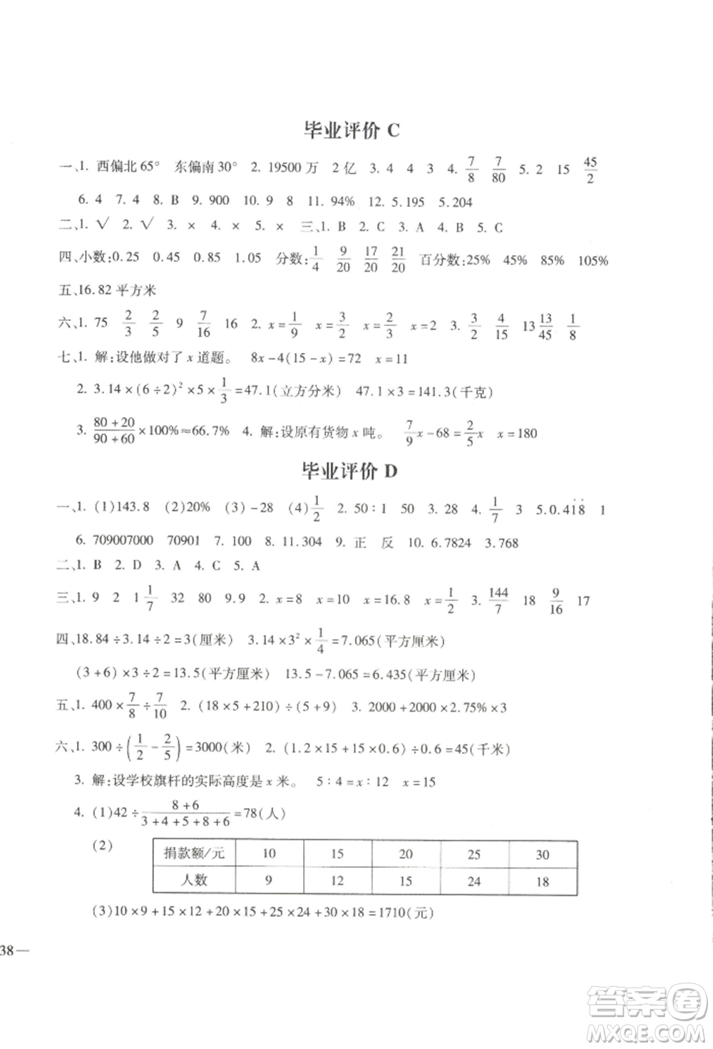 河北少年兒童出版社2022世超金典三維達(dá)標(biāo)自測(cè)卷六年級(jí)下冊(cè)數(shù)學(xué)人教版參考答案