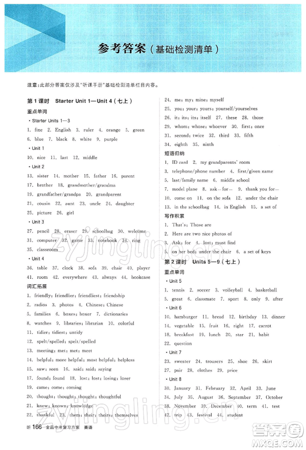 江西美術(shù)出版社2022全品中考復(fù)習(xí)方案聽課手冊英語人教版寧夏專版參考答案