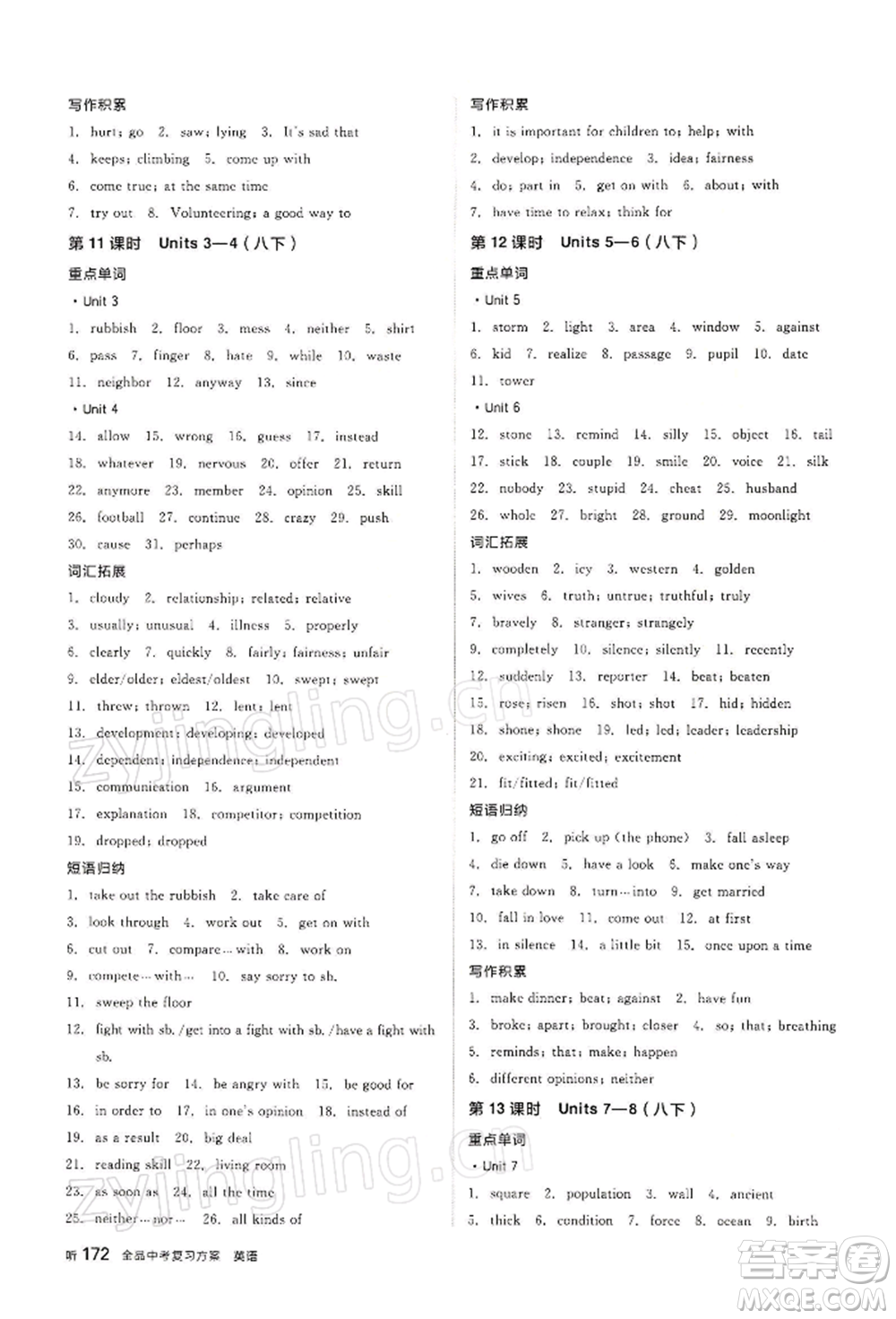 江西美術(shù)出版社2022全品中考復(fù)習(xí)方案聽課手冊英語人教版寧夏專版參考答案