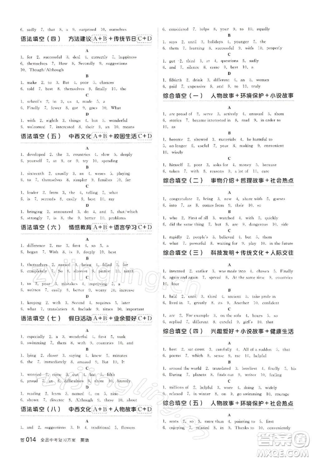 江西美術(shù)出版社2022全品中考復(fù)習(xí)方案聽課手冊英語人教版寧夏專版參考答案