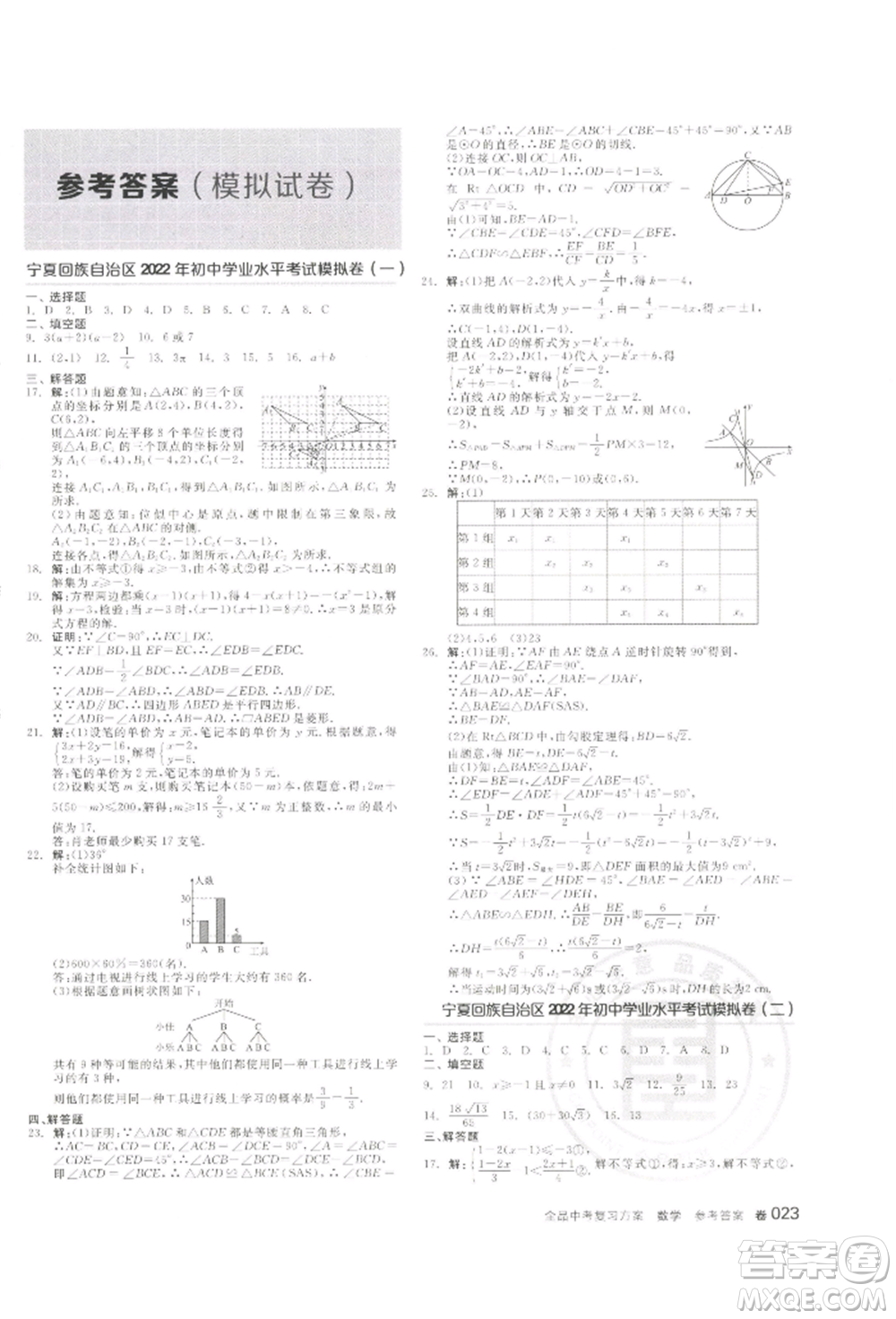 江西美術(shù)出版社2022全品中考復(fù)習(xí)方案聽課手冊(cè)數(shù)學(xué)通用版寧夏專版參考答案