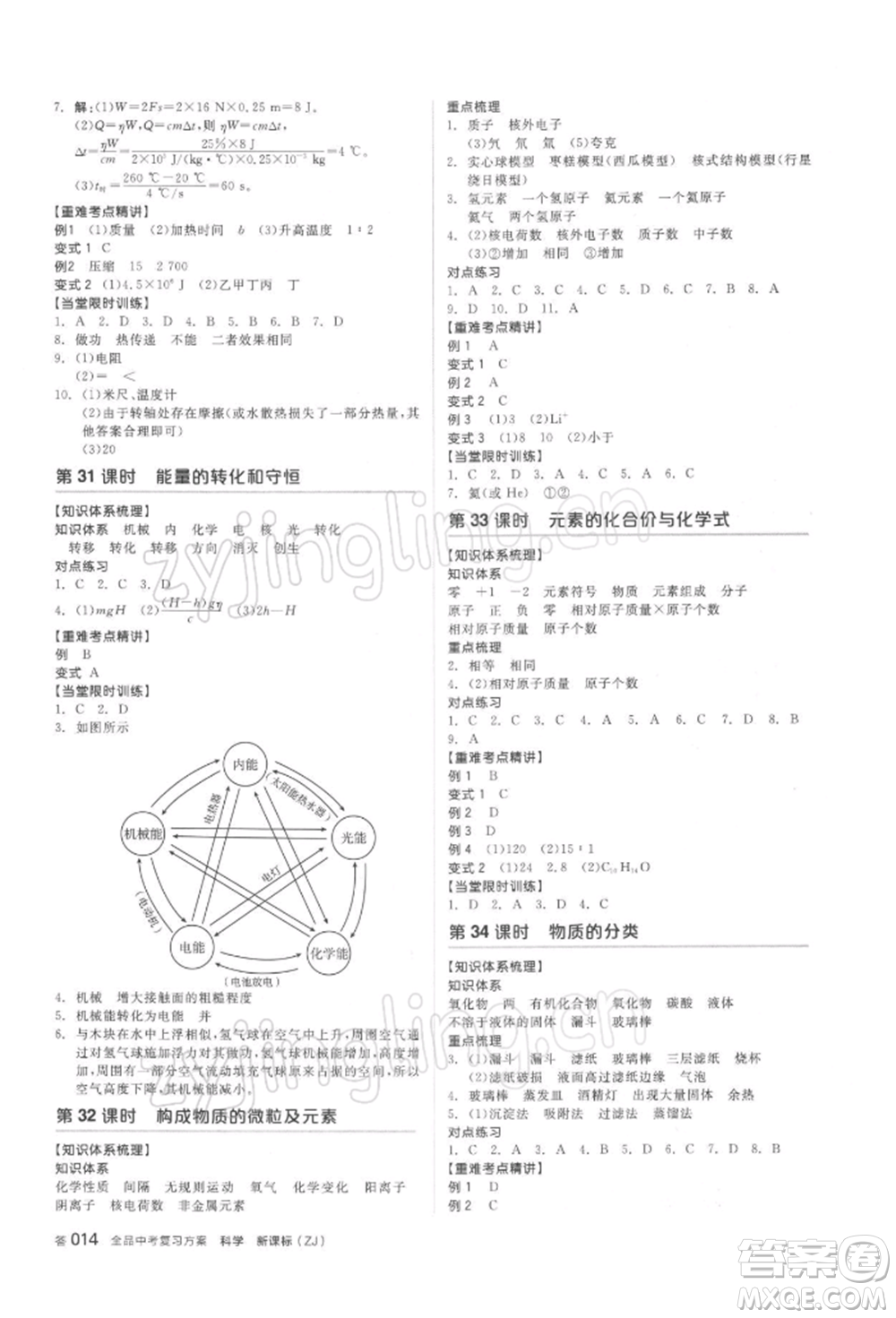 陽光出版社2022全品中考復(fù)習(xí)方案備考手冊(cè)科學(xué)浙教版浙江專版參考答案