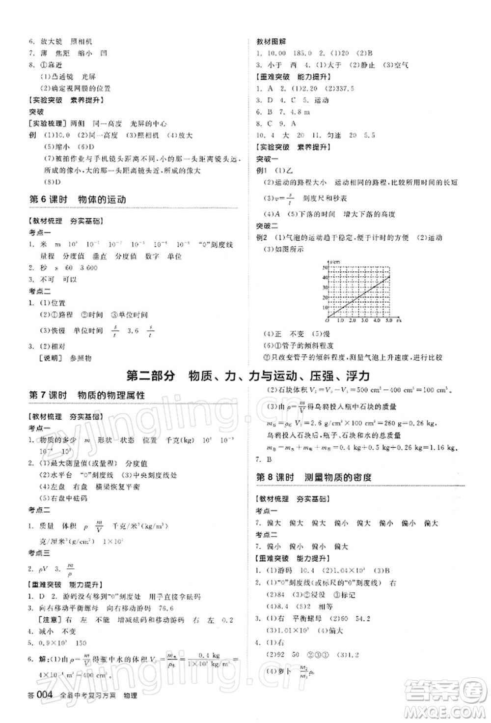 陽光出版社2022全品中考復(fù)習(xí)方案聽課手冊物理蘇科版江蘇專版參考答案