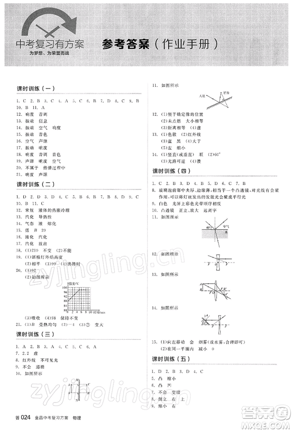 陽光出版社2022全品中考復(fù)習(xí)方案聽課手冊物理蘇科版江蘇專版參考答案