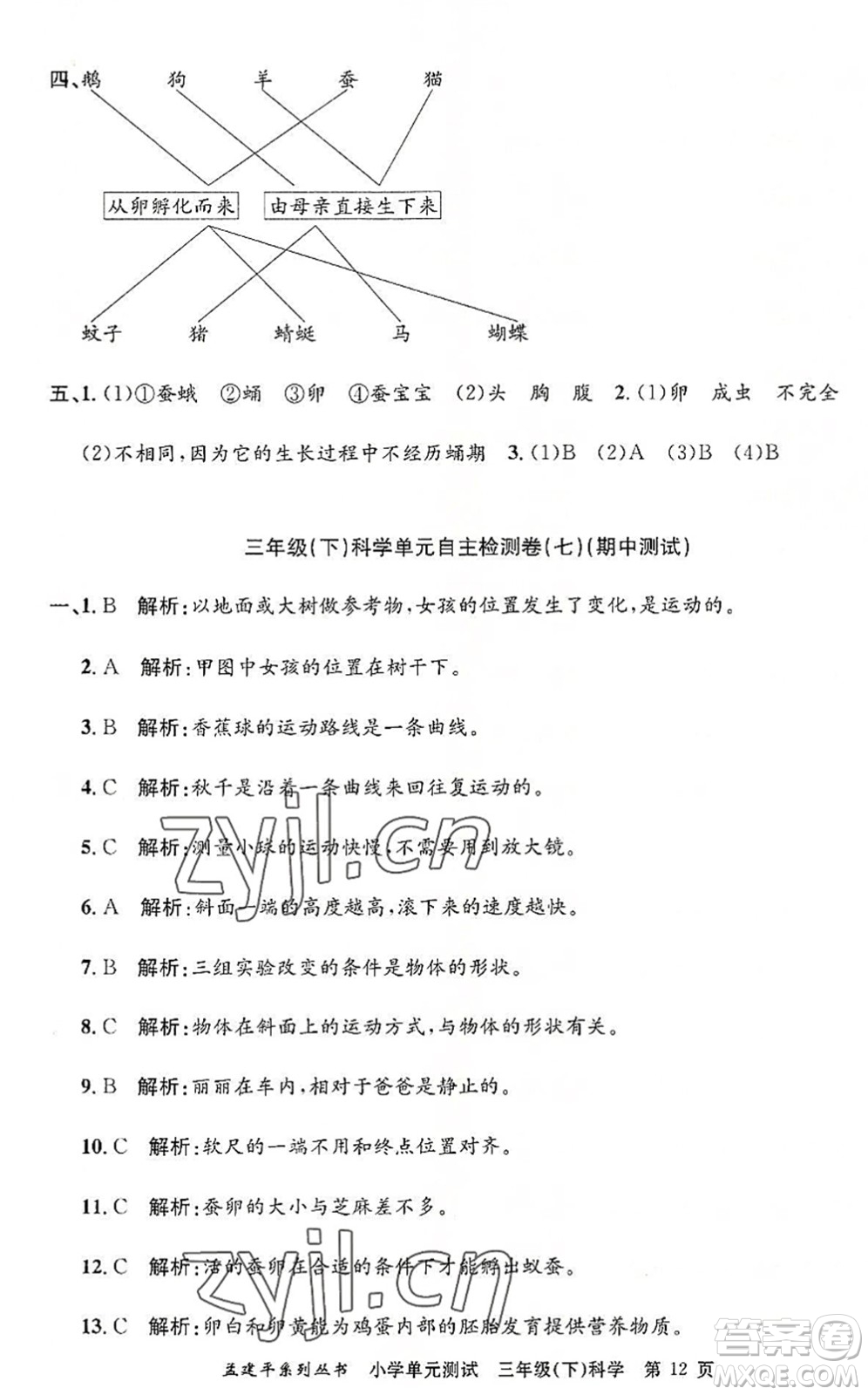 浙江工商大學出版社2022孟建平小學單元測試三年級科學下冊J教科版答案