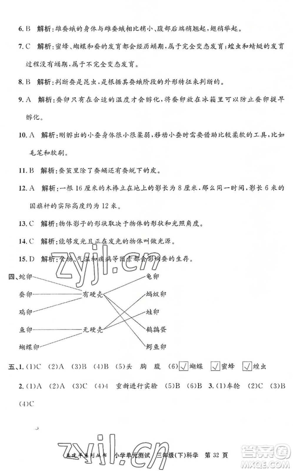 浙江工商大學出版社2022孟建平小學單元測試三年級科學下冊J教科版答案