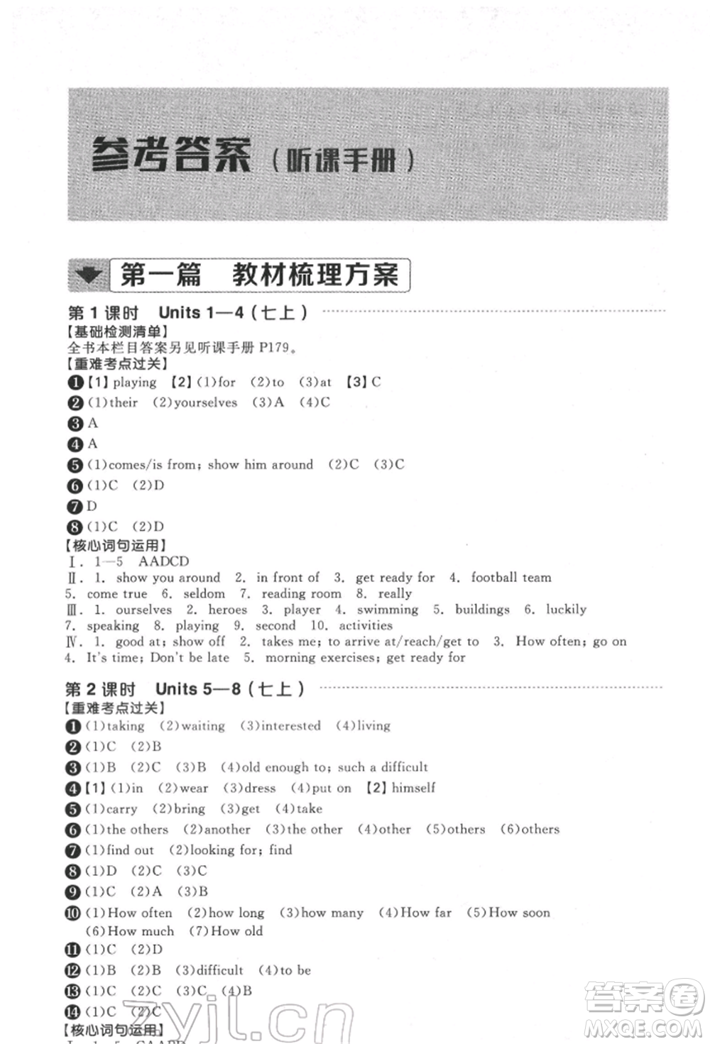 陽光出版社2022全品中考復(fù)習(xí)方案聽課手冊英語通用版淮安專版參考答案