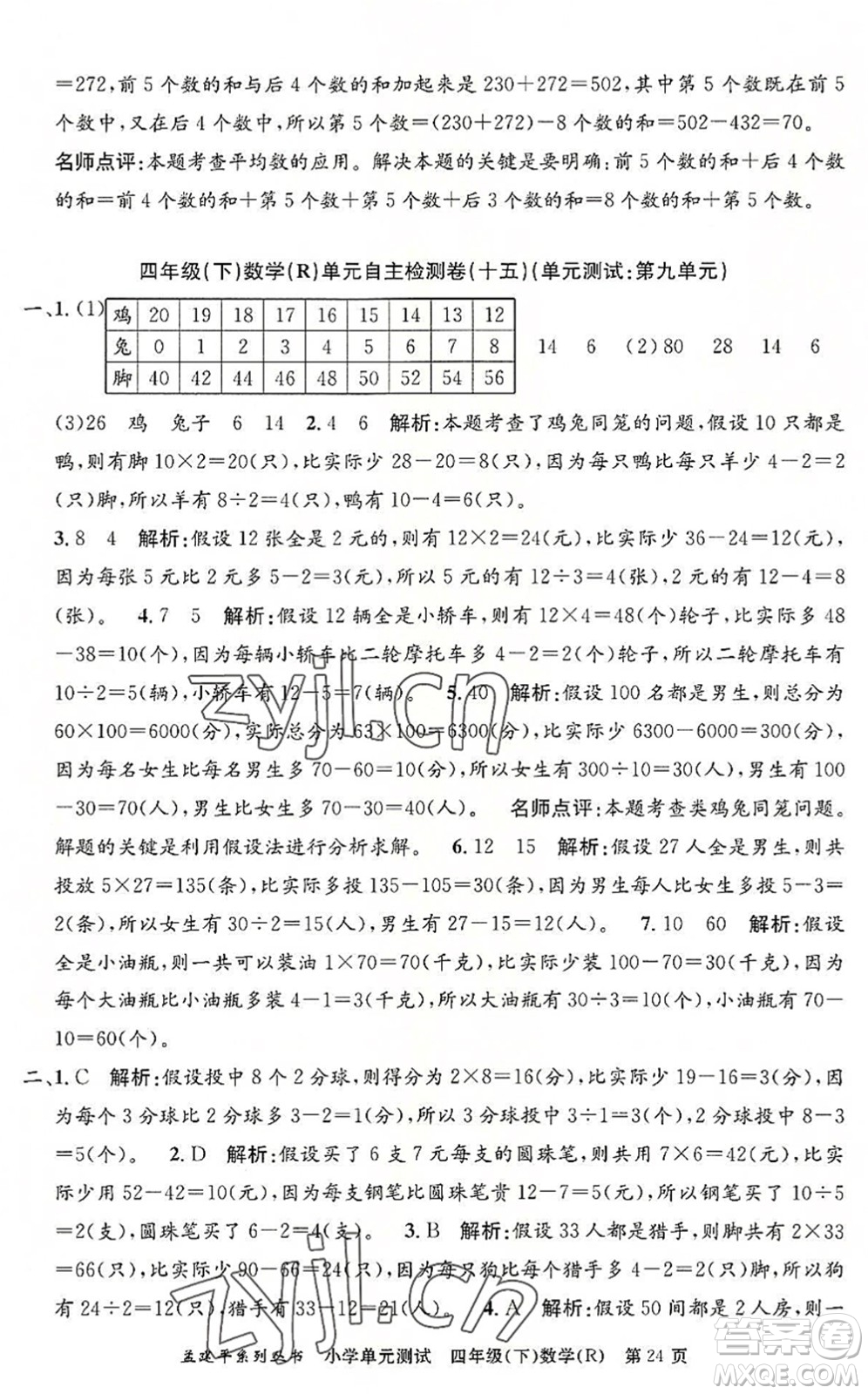 浙江工商大學出版社2022孟建平小學單元測試四年級數(shù)學下冊R人教版答案