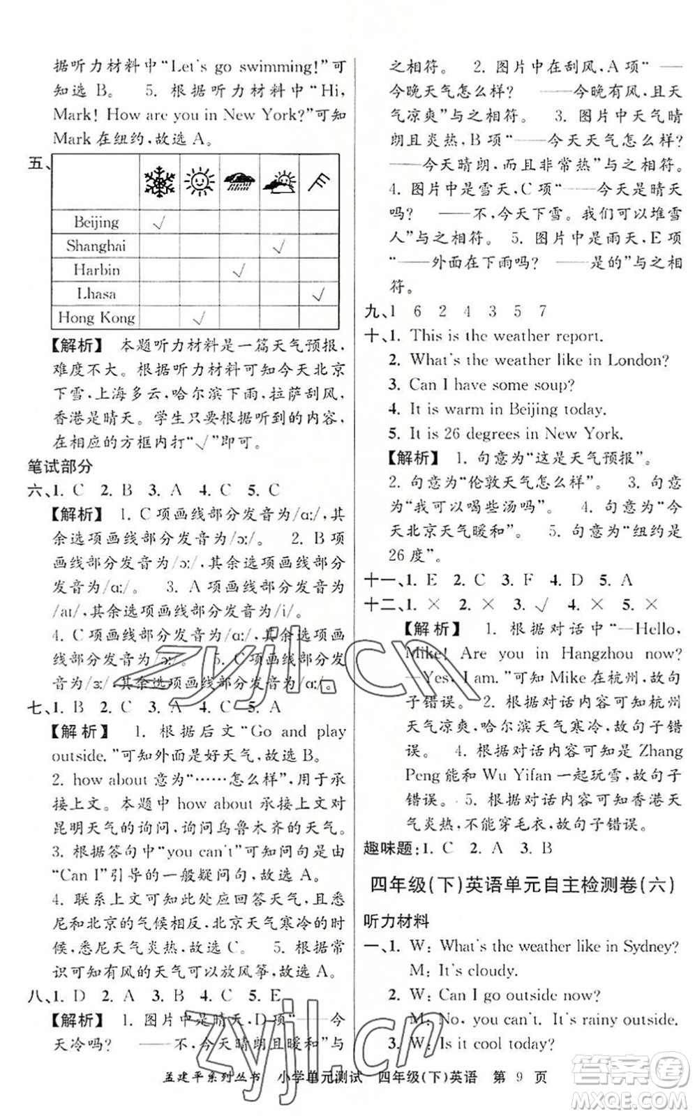 浙江工商大學(xué)出版社2022孟建平小學(xué)單元測(cè)試四年級(jí)英語(yǔ)下冊(cè)R人教版答案