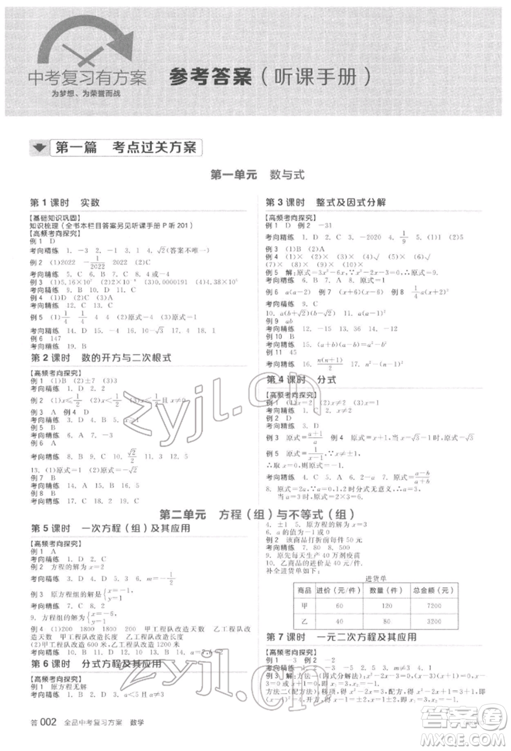 延邊教育出版社2022全品中考復(fù)習(xí)方案聽課手冊(cè)數(shù)學(xué)蘇科版鹽城專版參考答案