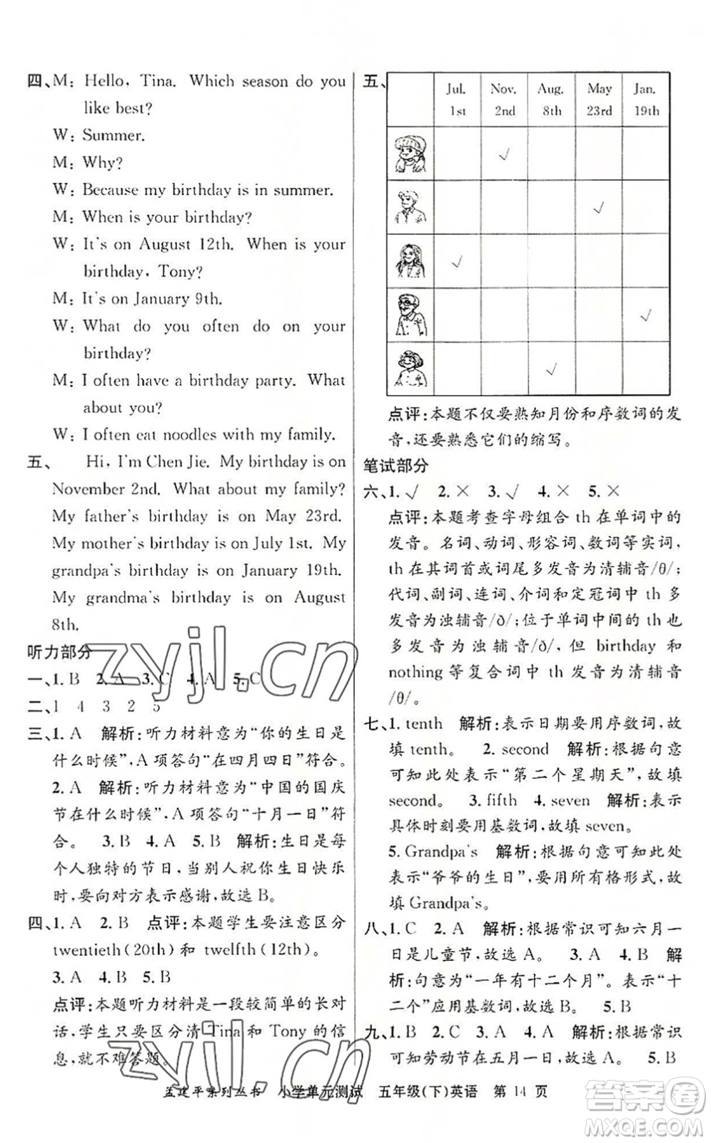 浙江工商大學(xué)出版社2022孟建平小學(xué)單元測(cè)試五年級(jí)英語(yǔ)下冊(cè)R人教版答案