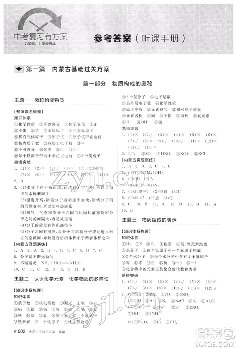 陽光出版社2022全品中考復習方案聽課手冊化學通用版內(nèi)蒙古專版參考答案