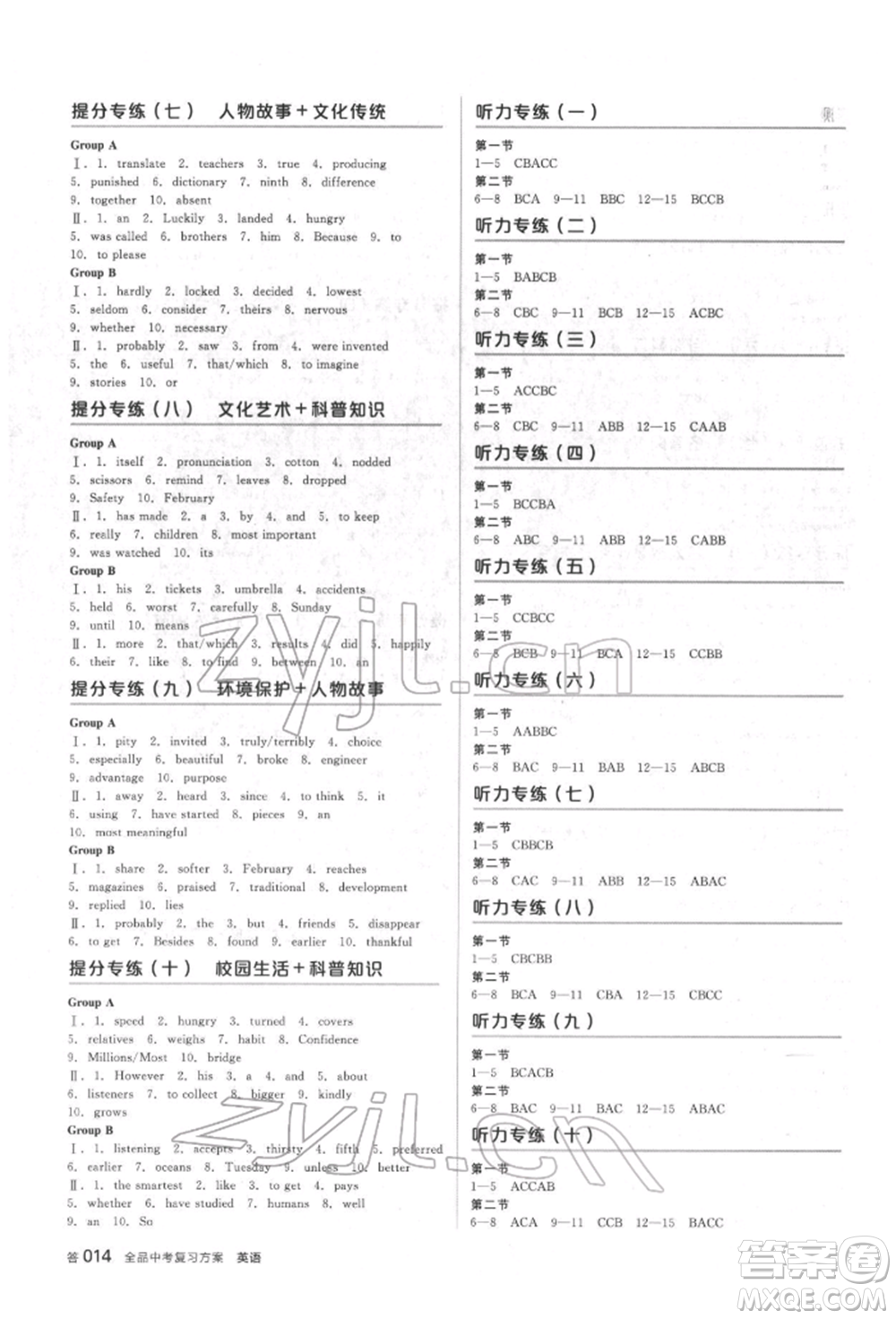 陽(yáng)光出版社2022全品中考復(fù)習(xí)方案?jìng)淇际謨?cè)英語(yǔ)人教版杭州專版參考答案