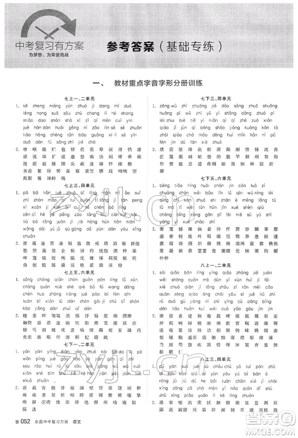 陽光出版社2022全品中考復習方案講解手冊語文人教版內(nèi)蒙古專版參考答案
