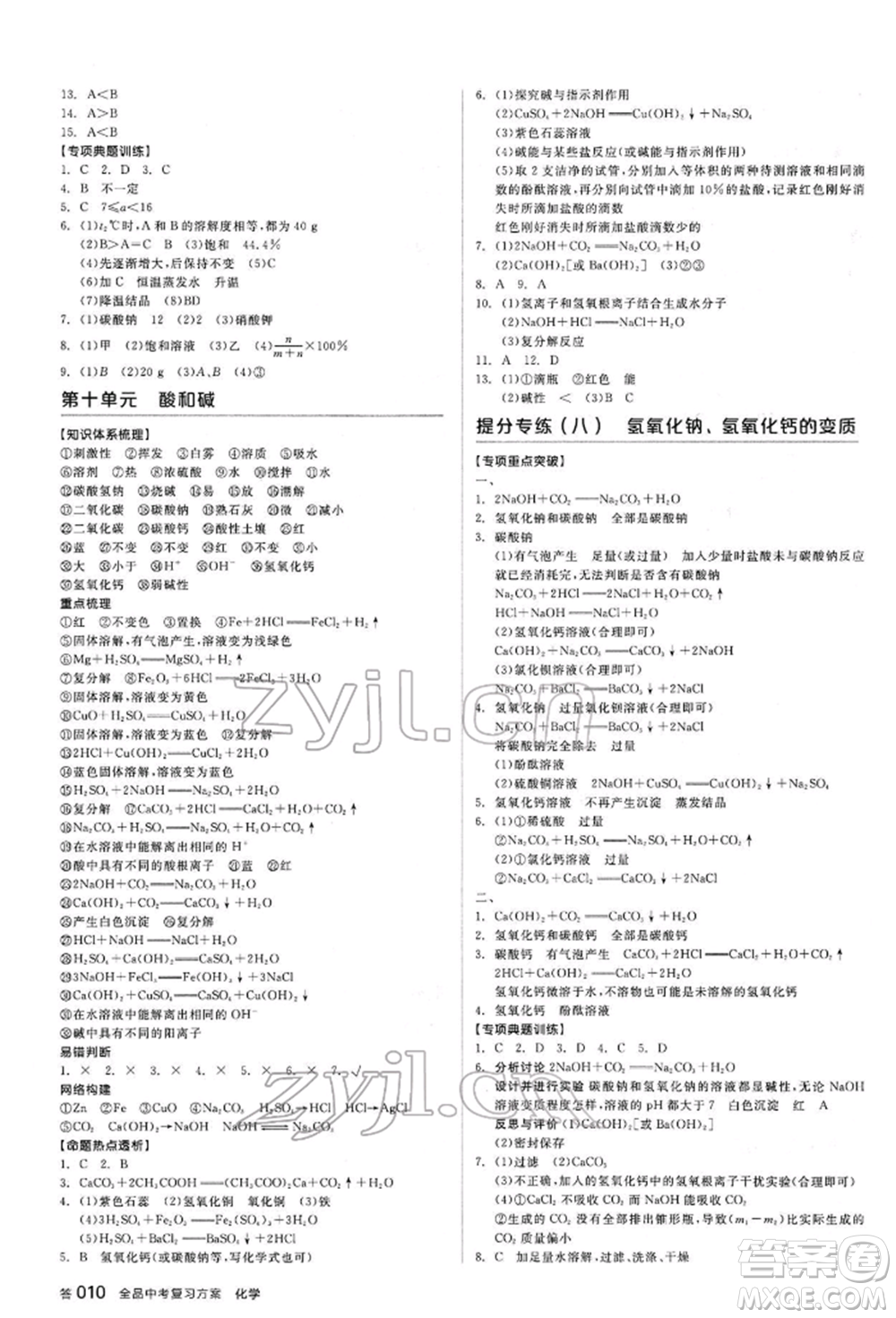 陽光出版社2022全品中考復(fù)習(xí)方案聽課手冊化學(xué)通用版江西專版參考答案